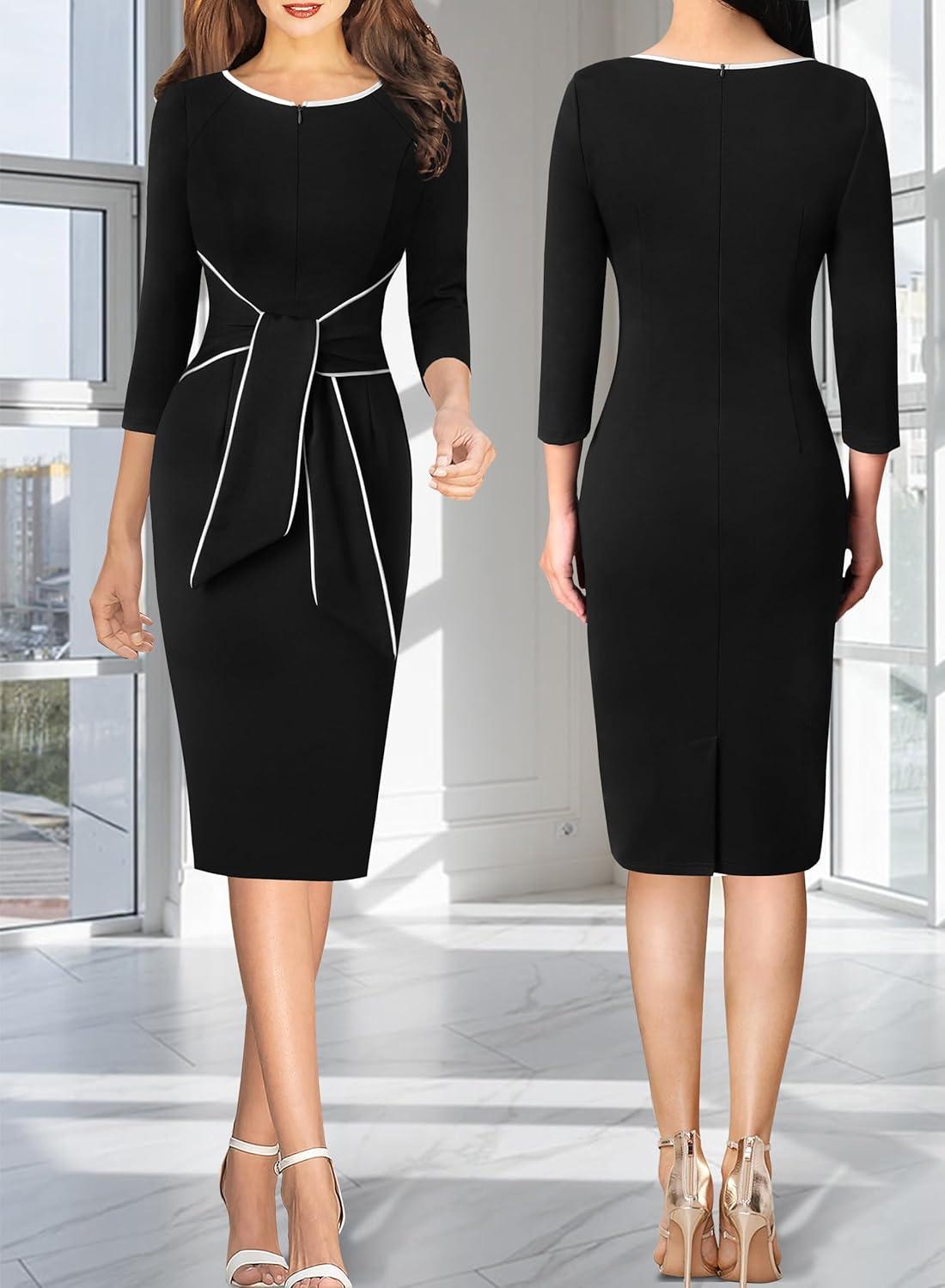 imageVFSHOW Womens Front Zipper Tie Waist Bow 34 Sleeve Slim Fitted Work Business Office Party Bodycon Pencil Sheath DressBlack and White Piping