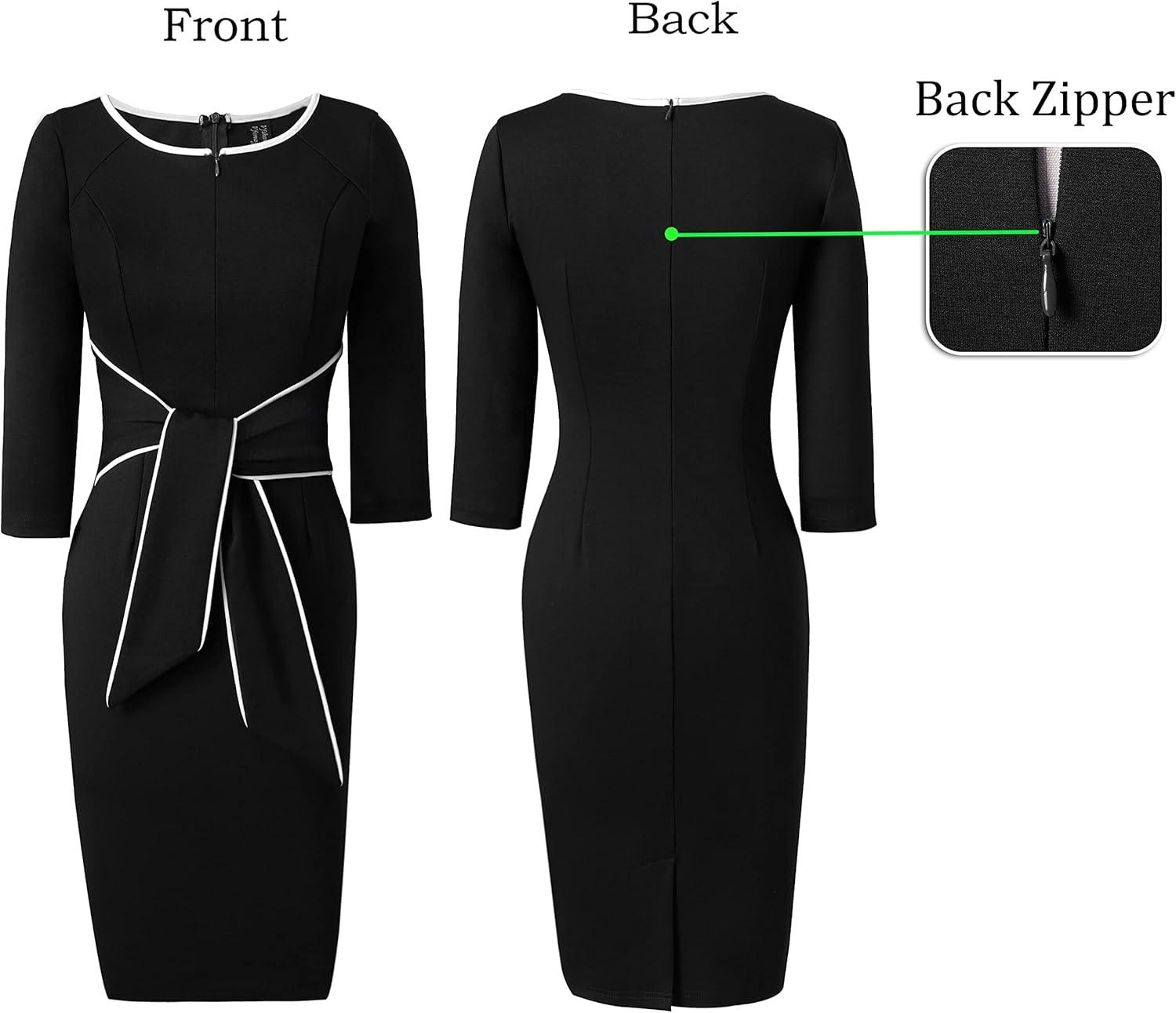 imageVFSHOW Womens Front Zipper Tie Waist Bow 34 Sleeve Slim Fitted Work Business Office Party Bodycon Pencil Sheath DressBlack and White Piping