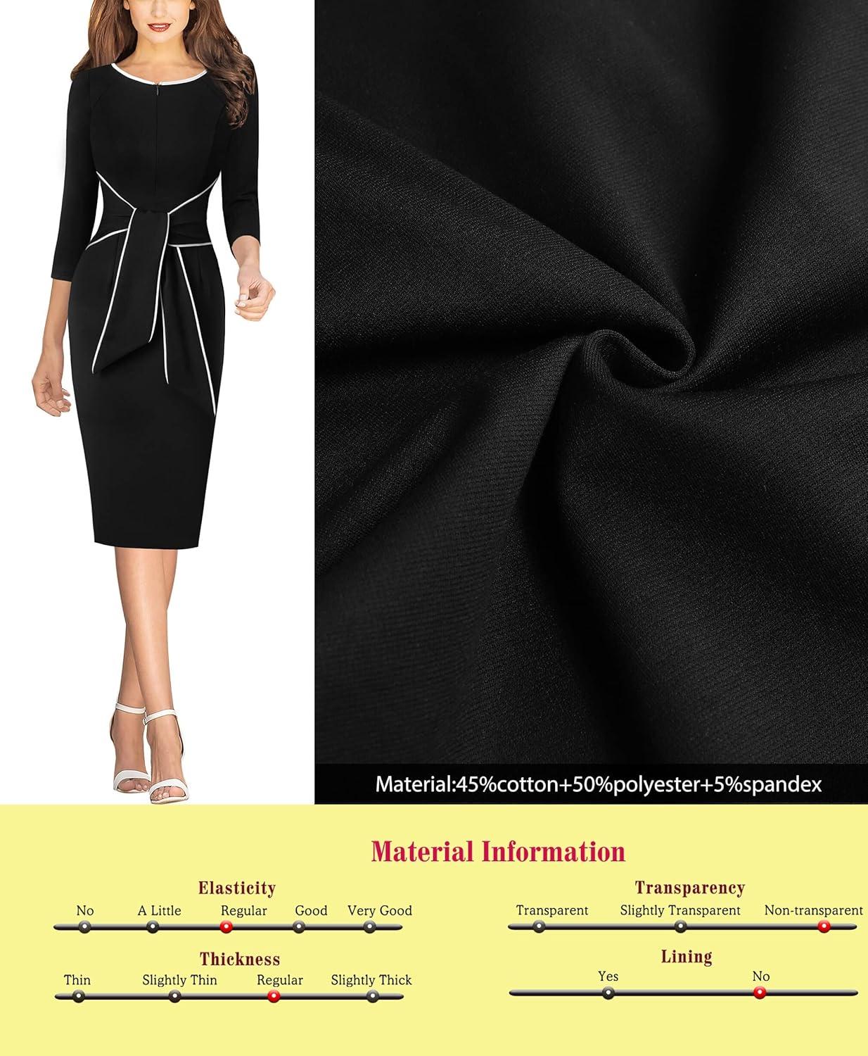 imageVFSHOW Womens Front Zipper Tie Waist Bow 34 Sleeve Slim Fitted Work Business Office Party Bodycon Pencil Sheath DressBlack and White Piping