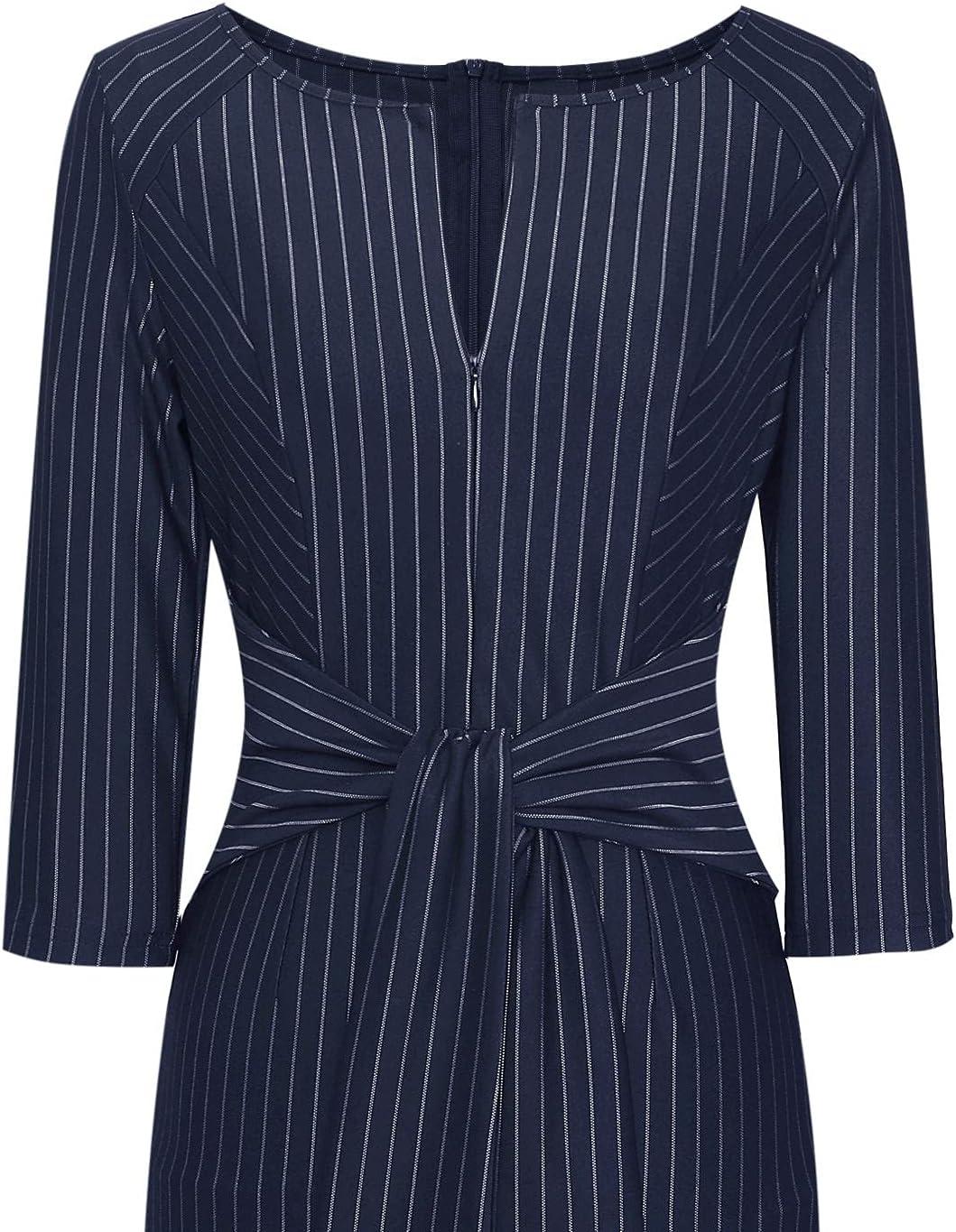imageVFSHOW Womens Front Zipper Tie Waist Bow 34 Sleeve Slim Fitted Work Business Office Party Bodycon Pencil Sheath DressDark Blue White Striped