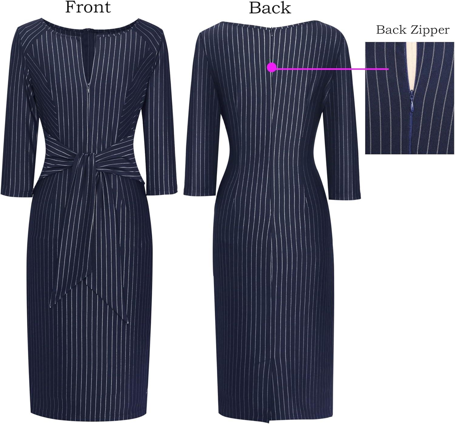 imageVFSHOW Womens Front Zipper Tie Waist Bow 34 Sleeve Slim Fitted Work Business Office Party Bodycon Pencil Sheath DressDark Blue White Striped