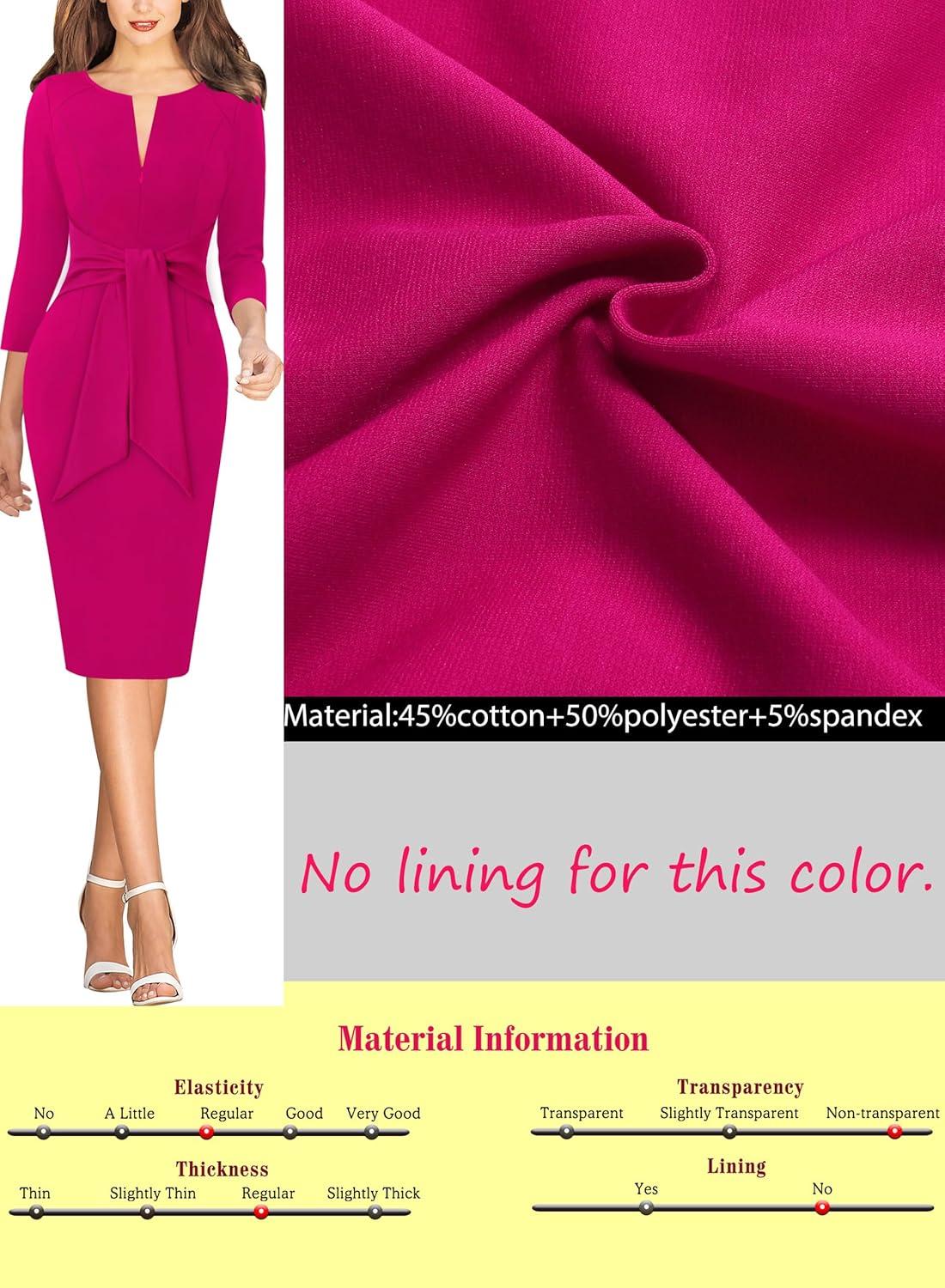 imageVFSHOW Womens Front Zipper Tie Waist Bow 34 Sleeve Slim Fitted Work Business Office Party Bodycon Pencil Sheath DressHot Pink