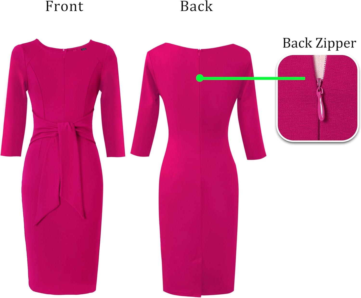 imageVFSHOW Womens Front Zipper Tie Waist Bow 34 Sleeve Slim Fitted Work Business Office Party Bodycon Pencil Sheath DressHot Pink