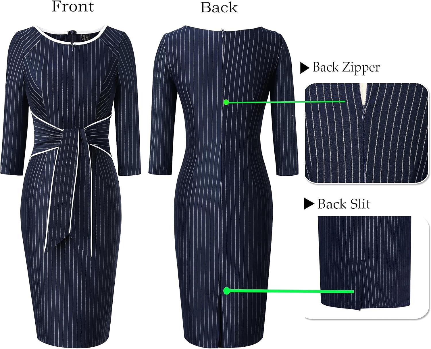 imageVFSHOW Womens Front Zipper Tie Waist Bow 34 Sleeve Slim Fitted Work Business Office Party Bodycon Pencil Sheath DressNavy Blue White Striped