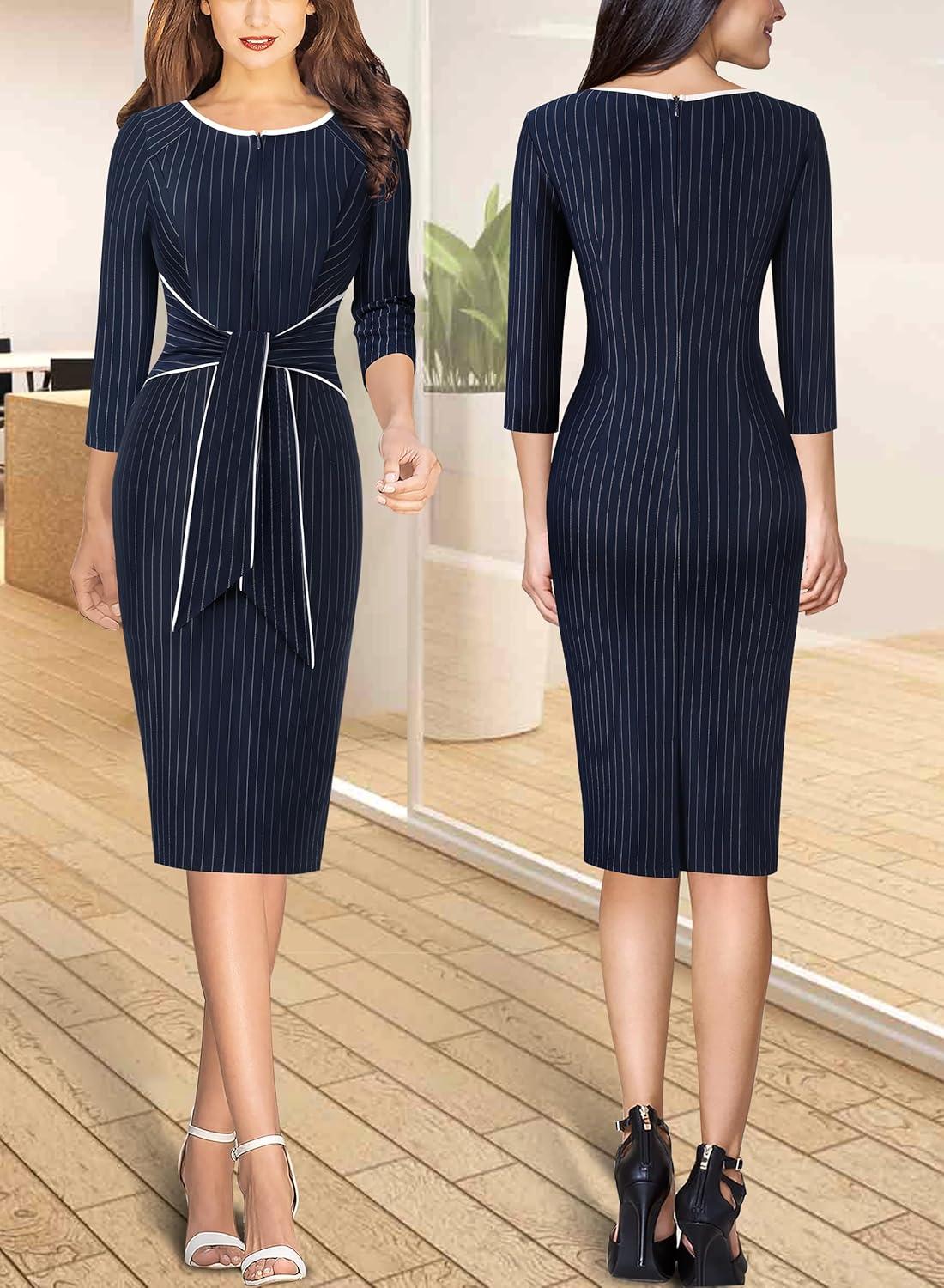 imageVFSHOW Womens Front Zipper Tie Waist Bow 34 Sleeve Slim Fitted Work Business Office Party Bodycon Pencil Sheath DressNavy Blue White Striped