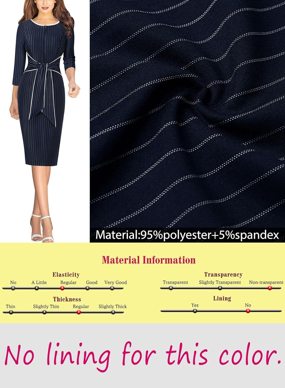 imageVFSHOW Womens Front Zipper Tie Waist Bow 34 Sleeve Slim Fitted Work Business Office Party Bodycon Pencil Sheath DressNavy Blue White Striped