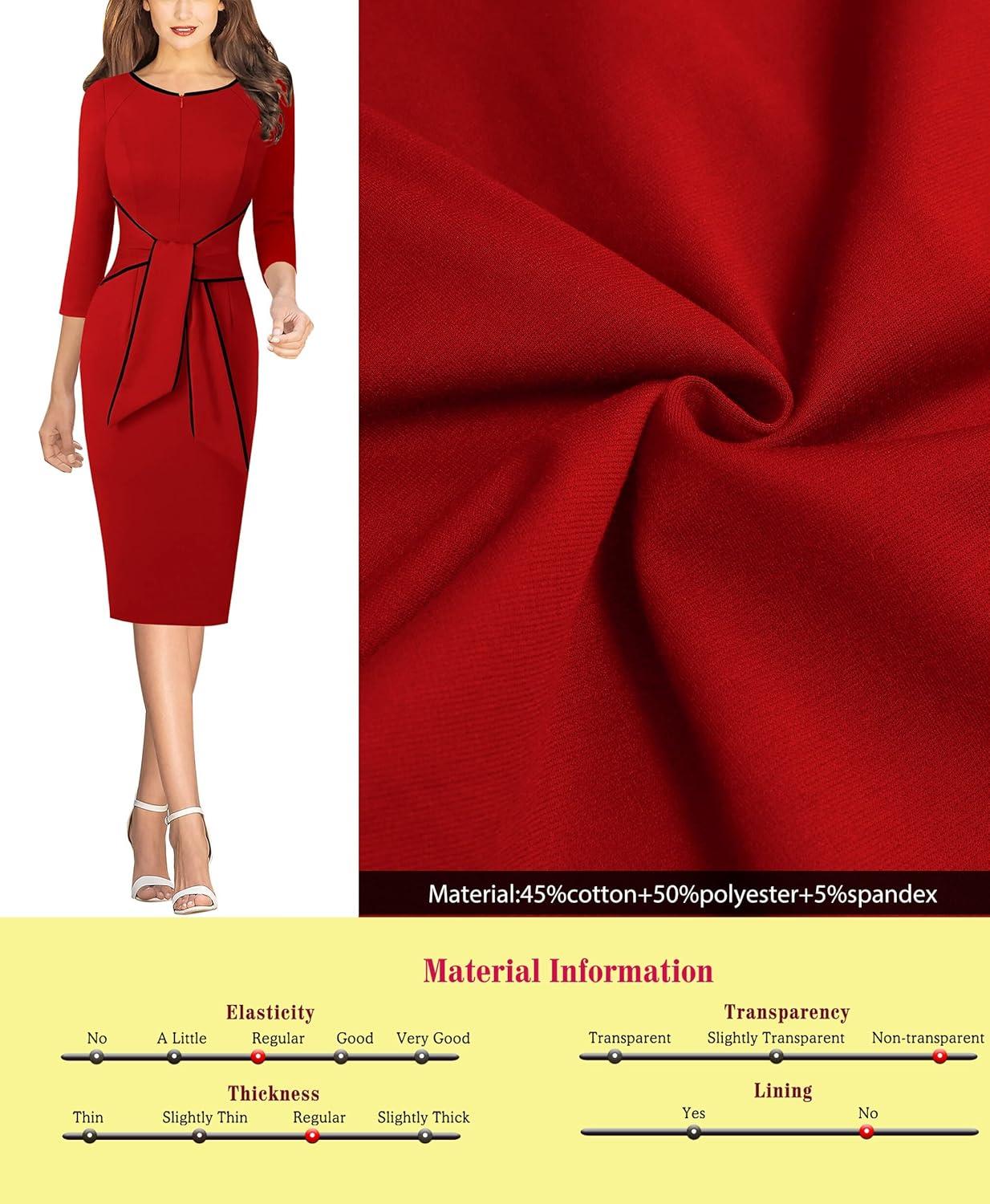 imageVFSHOW Womens Front Zipper Tie Waist Bow 34 Sleeve Slim Fitted Work Business Office Party Bodycon Pencil Sheath DressRed and Black Piping