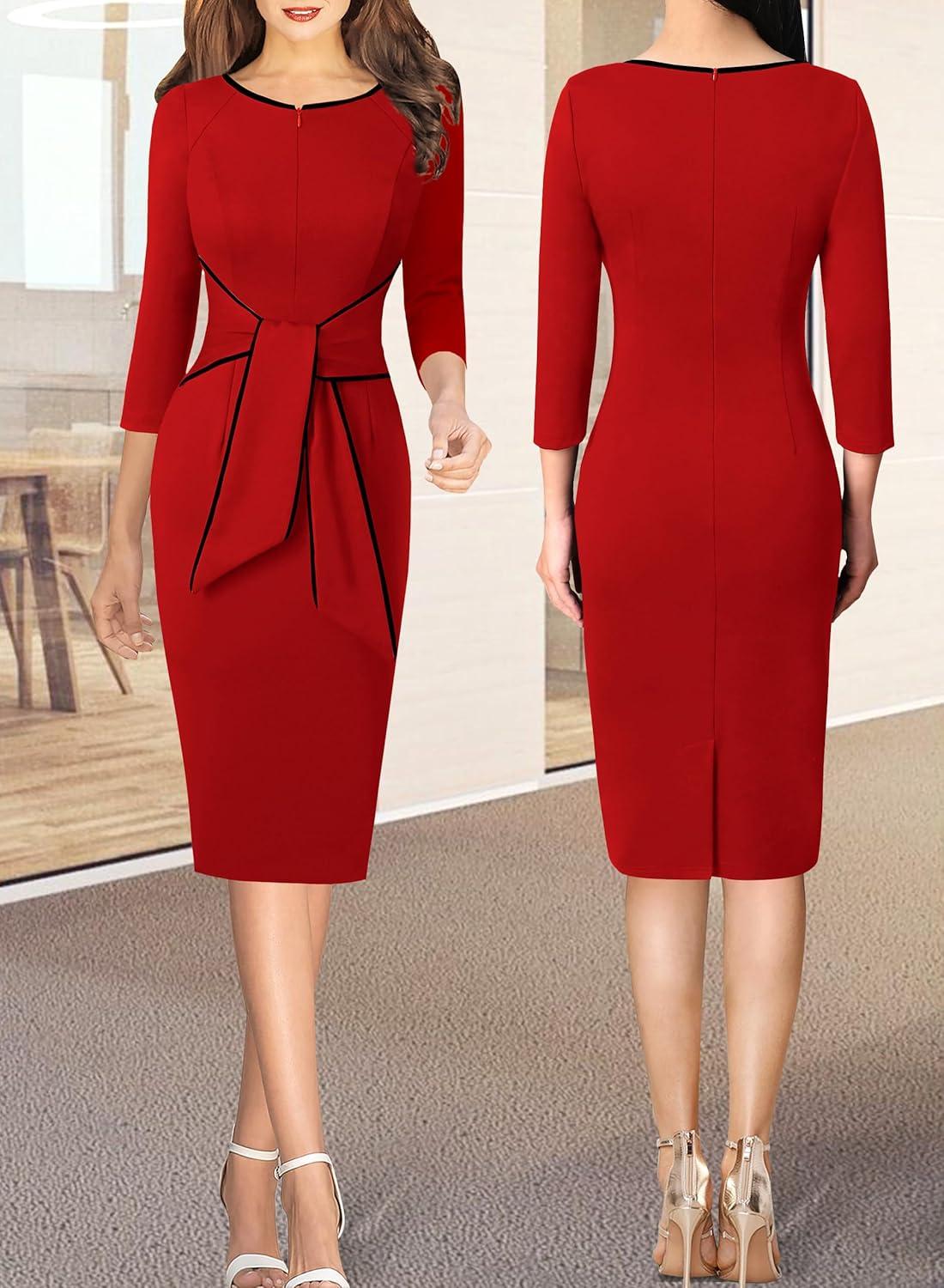 imageVFSHOW Womens Front Zipper Tie Waist Bow 34 Sleeve Slim Fitted Work Business Office Party Bodycon Pencil Sheath DressRed and Black Piping