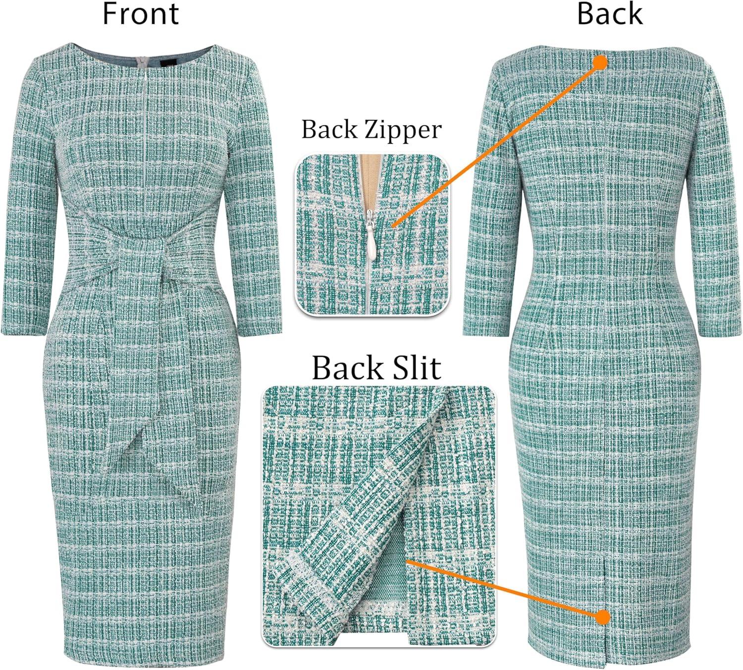 imageVFSHOW Womens Front Zipper Tie Waist Bow 34 Sleeve Slim Fitted Work Business Office Party Bodycon Pencil Sheath DressTeal Green Tweed