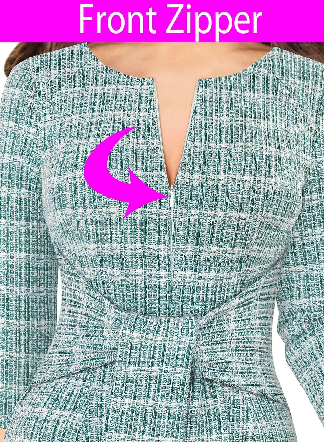 imageVFSHOW Womens Front Zipper Tie Waist Bow 34 Sleeve Slim Fitted Work Business Office Party Bodycon Pencil Sheath DressTeal Green Tweed