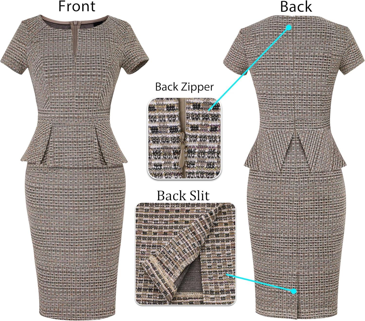 imageVFSHOW Womens Work Business Office Front Zipper Peplum Bodycon Dresses Elegant Short Sleeve Slim Church Pencil Sheath DressApricot Plaid Tweed
