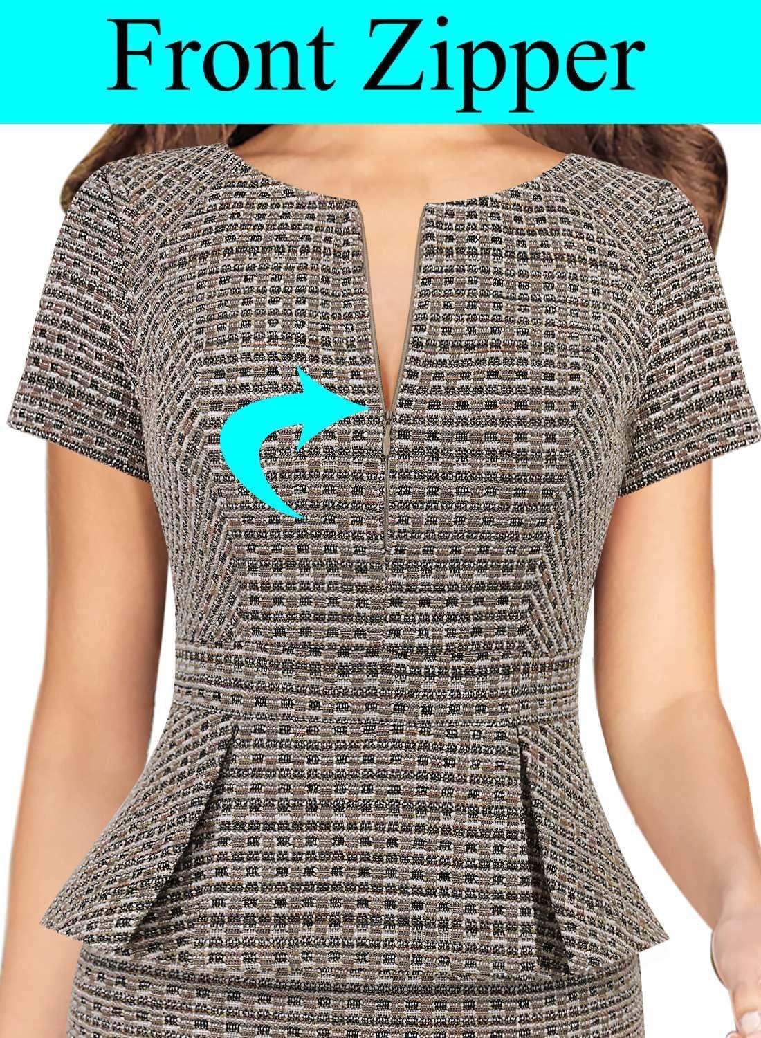 imageVFSHOW Womens Work Business Office Front Zipper Peplum Bodycon Dresses Elegant Short Sleeve Slim Church Pencil Sheath DressApricot Plaid Tweed