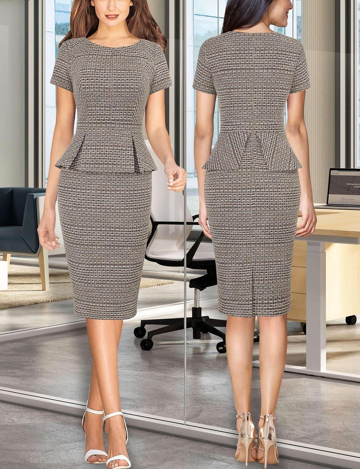 imageVFSHOW Womens Work Business Office Front Zipper Peplum Bodycon Dresses Elegant Short Sleeve Slim Church Pencil Sheath DressApricot Plaid Tweed