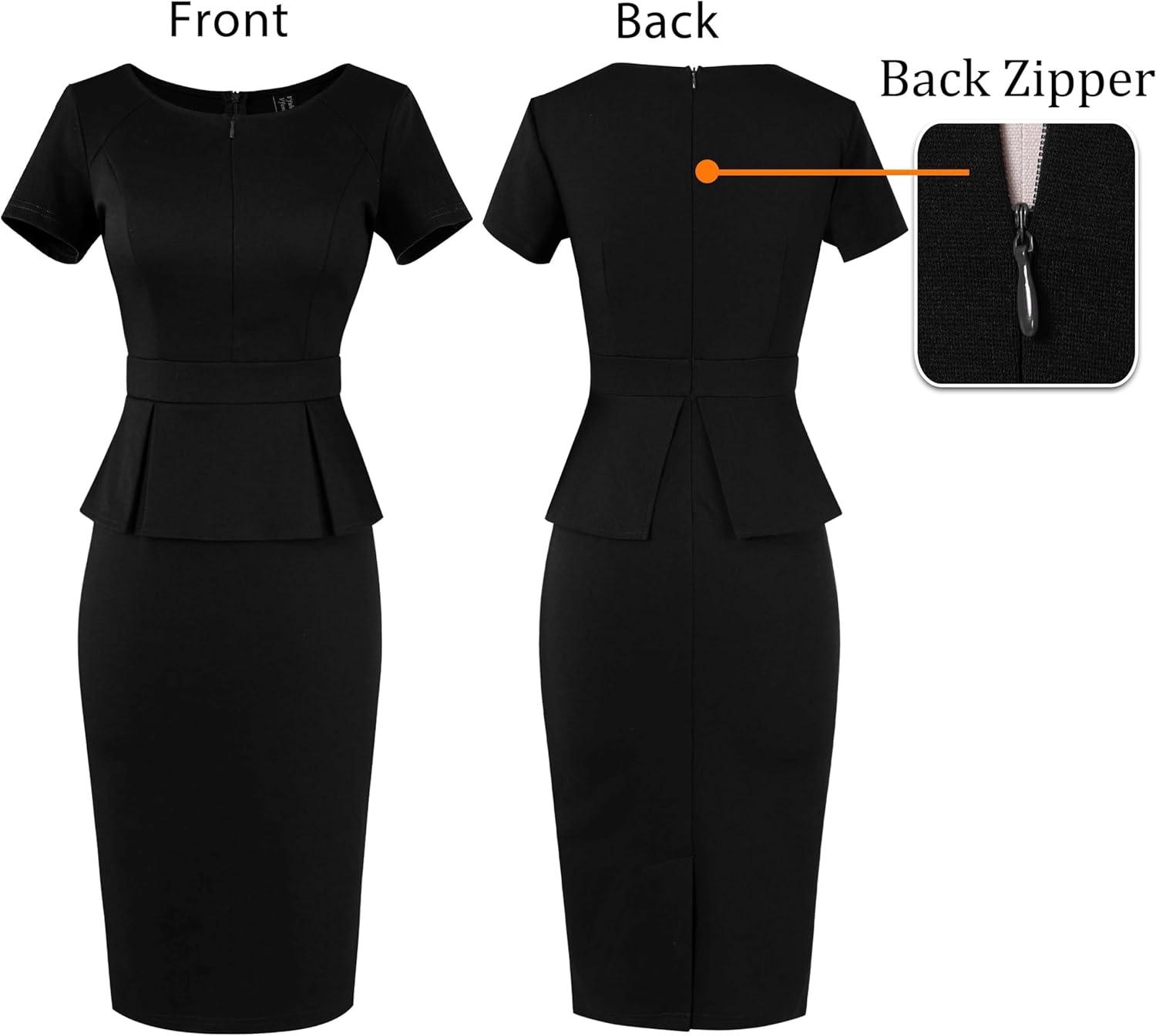 imageVFSHOW Womens Work Business Office Front Zipper Peplum Bodycon Dresses Elegant Short Sleeve Slim Church Pencil Sheath DressBlack