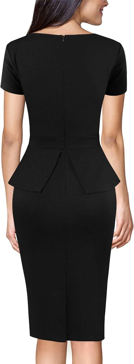 imageVFSHOW Womens Work Business Office Front Zipper Peplum Bodycon Dresses Elegant Short Sleeve Slim Church Pencil Sheath DressBlack