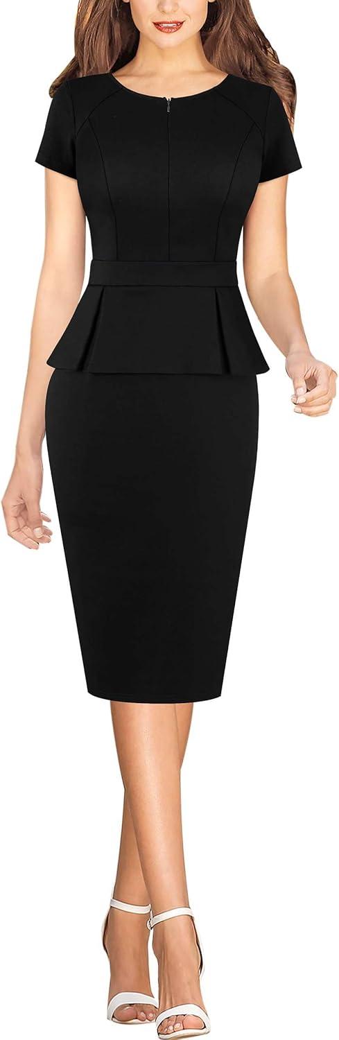 imageVFSHOW Womens Work Business Office Front Zipper Peplum Bodycon Dresses Elegant Short Sleeve Slim Church Pencil Sheath DressBlack