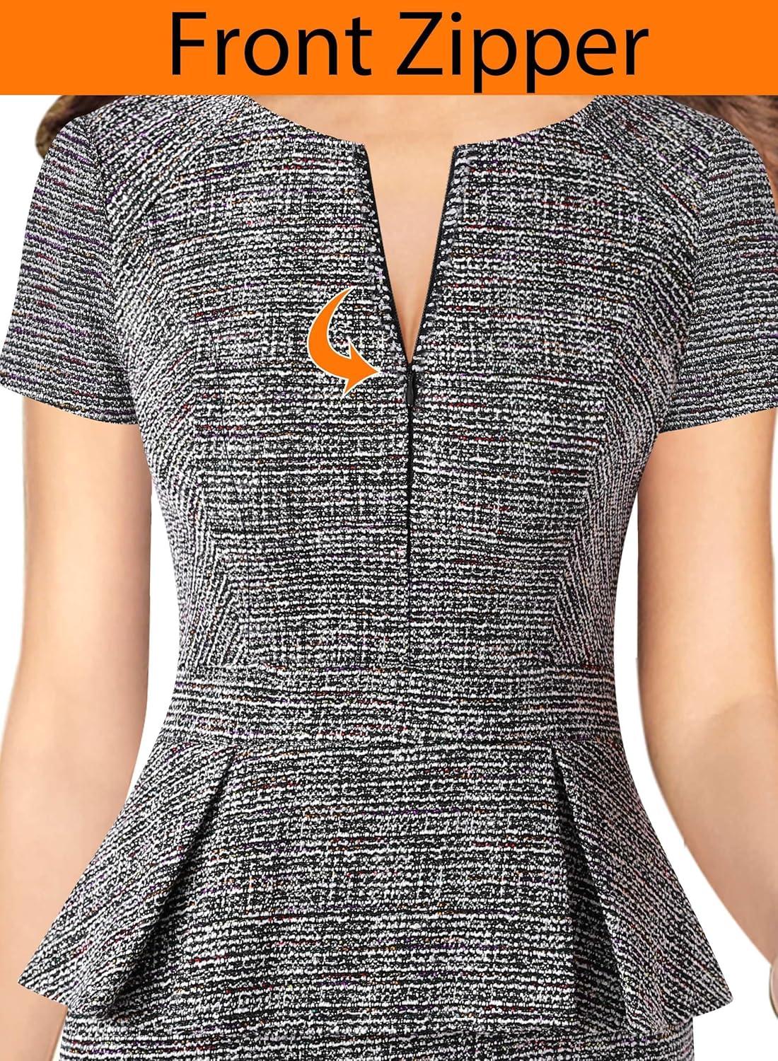 imageVFSHOW Womens Work Business Office Front Zipper Peplum Bodycon Dresses Elegant Short Sleeve Slim Church Pencil Sheath DressBlack Tweedb