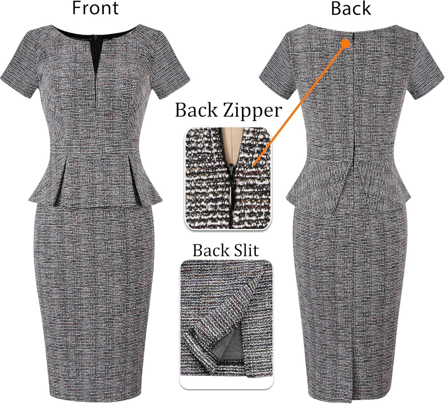imageVFSHOW Womens Work Business Office Front Zipper Peplum Bodycon Dresses Elegant Short Sleeve Slim Church Pencil Sheath DressBlack Tweedb