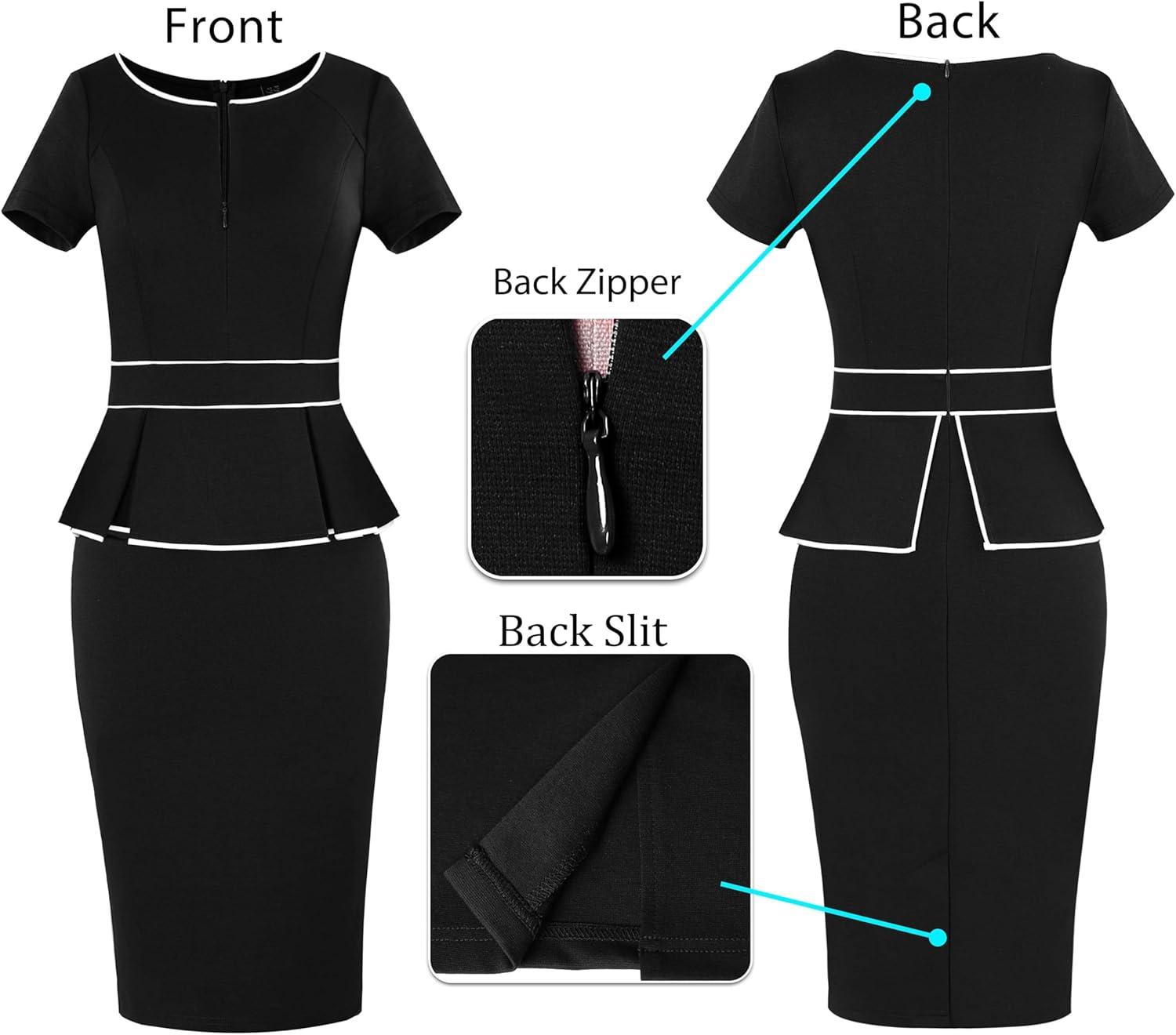 imageVFSHOW Womens Work Business Office Front Zipper Peplum Bodycon Dresses Elegant Short Sleeve Slim Church Pencil Sheath DressBlackwhite Piping