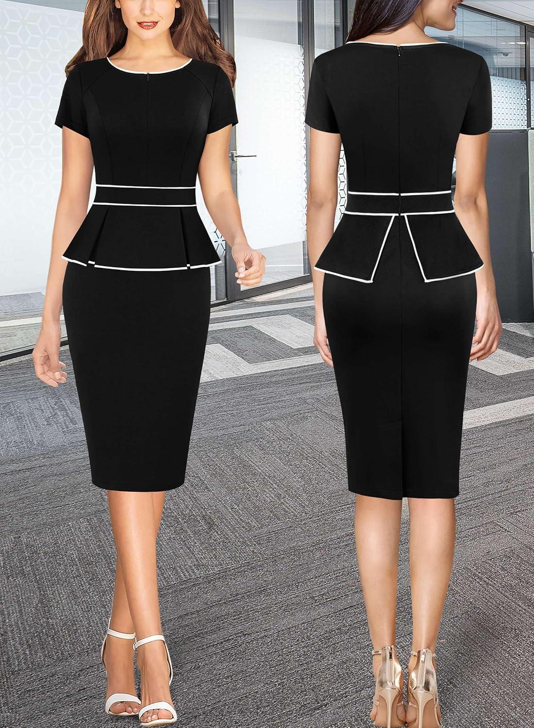 imageVFSHOW Womens Work Business Office Front Zipper Peplum Bodycon Dresses Elegant Short Sleeve Slim Church Pencil Sheath DressBlackwhite Piping