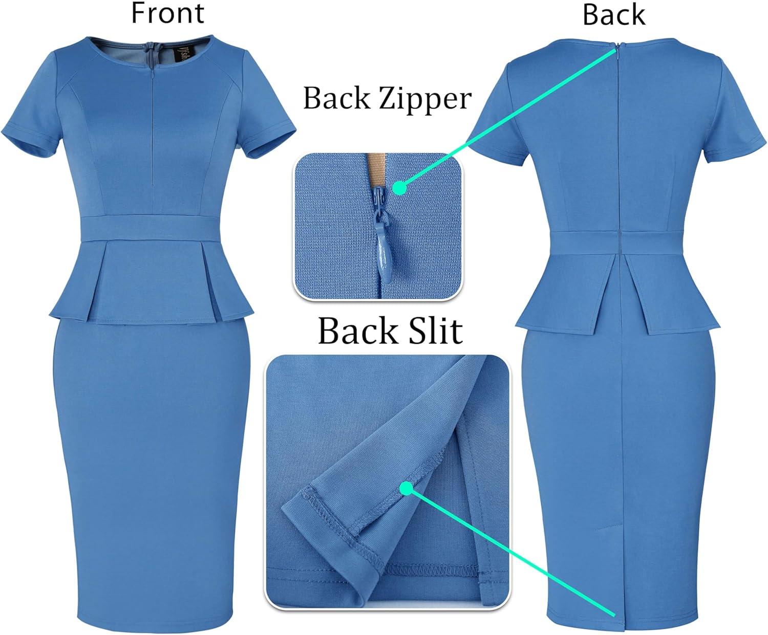 imageVFSHOW Womens Work Business Office Front Zipper Peplum Bodycon Dresses Elegant Short Sleeve Slim Church Pencil Sheath DressBlue