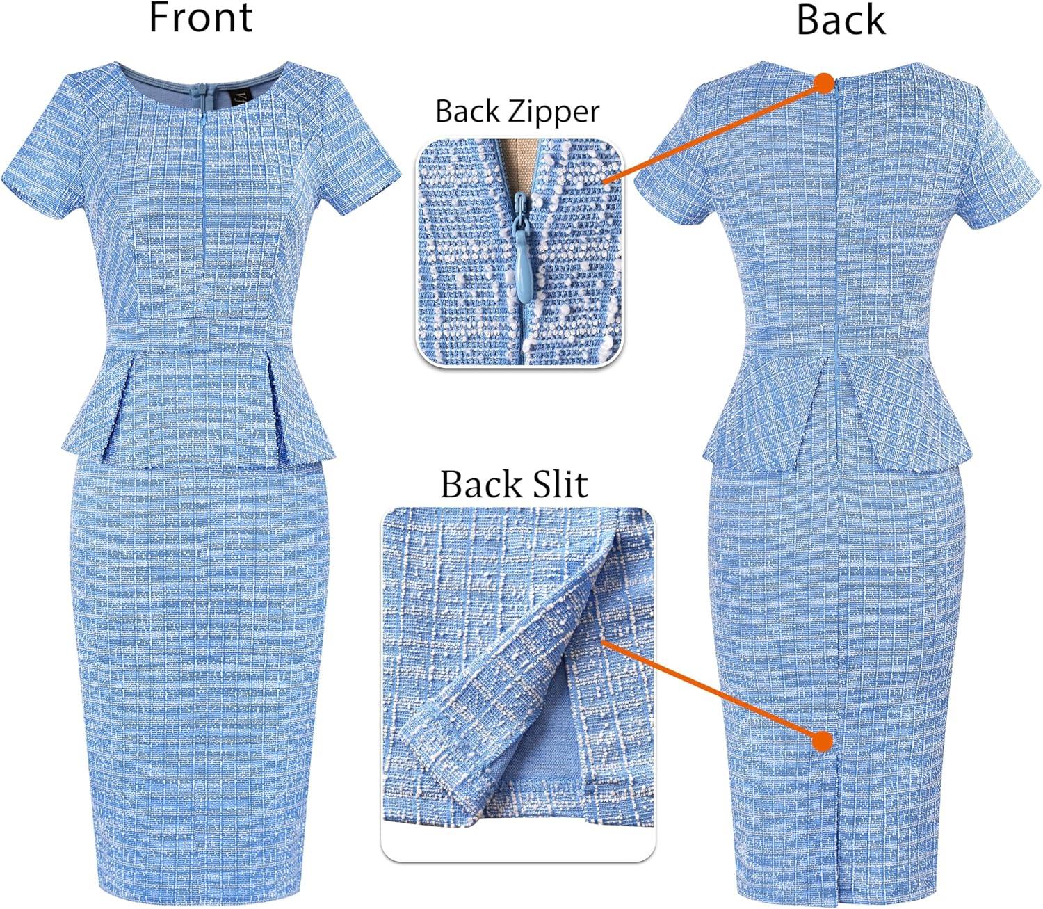 imageVFSHOW Womens Work Business Office Front Zipper Peplum Bodycon Dresses Elegant Short Sleeve Slim Church Pencil Sheath DressBlue White Tweed