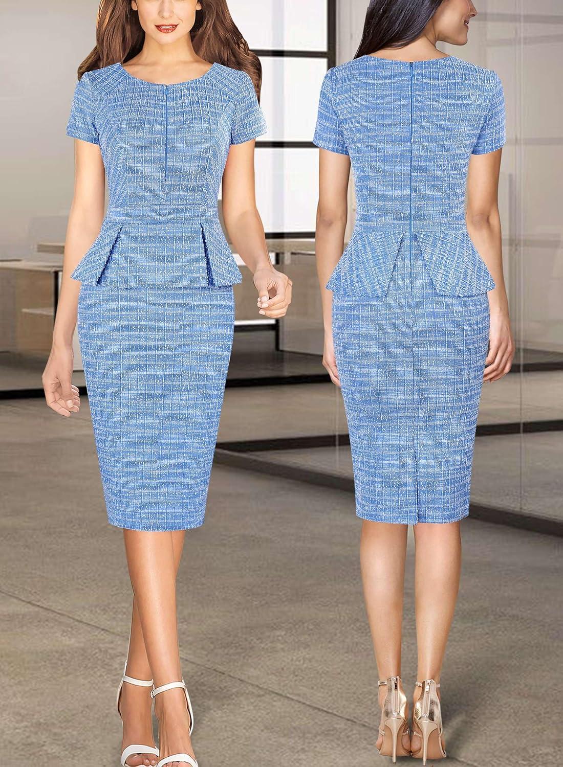 imageVFSHOW Womens Work Business Office Front Zipper Peplum Bodycon Dresses Elegant Short Sleeve Slim Church Pencil Sheath DressBlue White Tweed