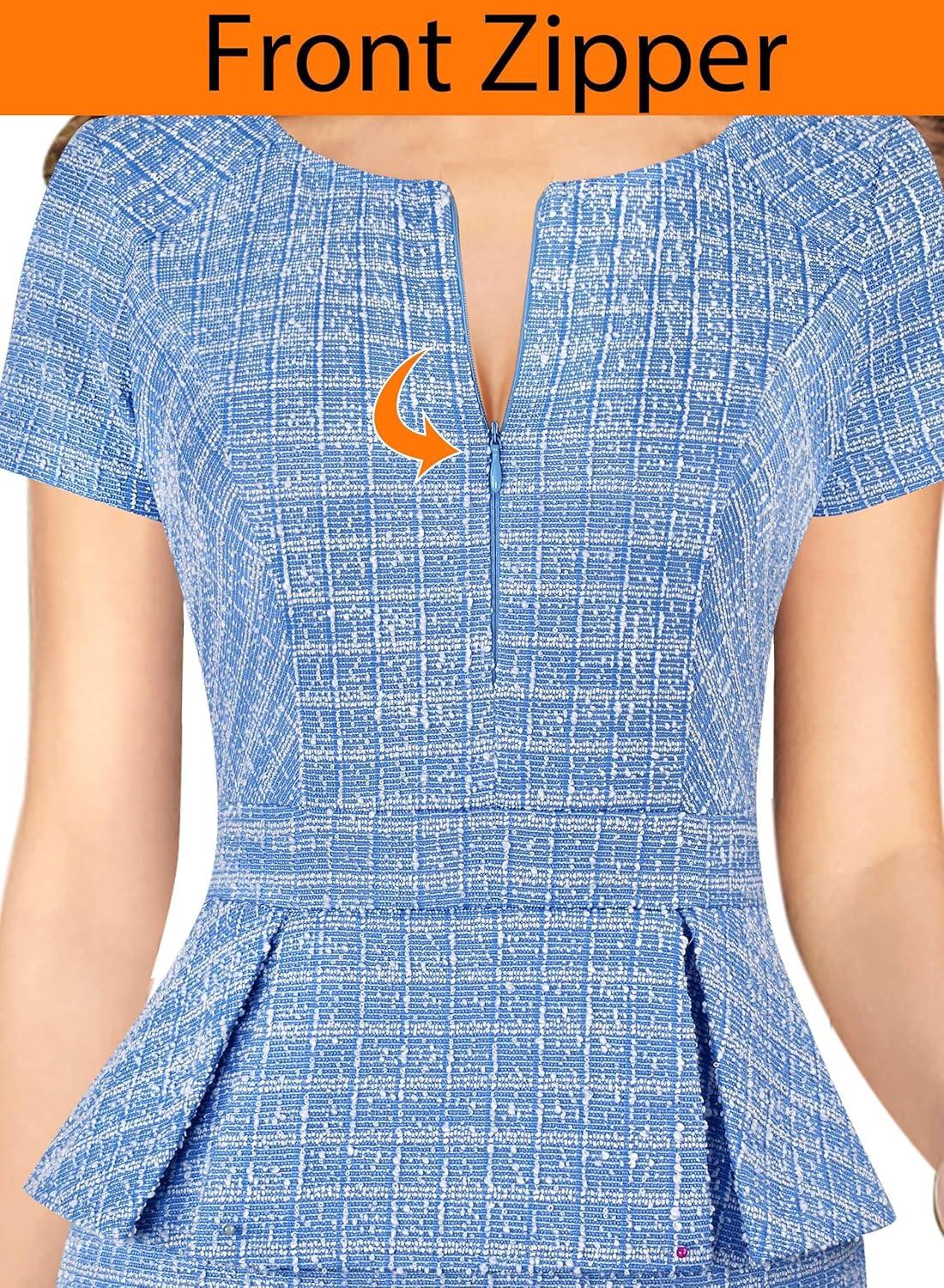 imageVFSHOW Womens Work Business Office Front Zipper Peplum Bodycon Dresses Elegant Short Sleeve Slim Church Pencil Sheath DressBlue White Tweed