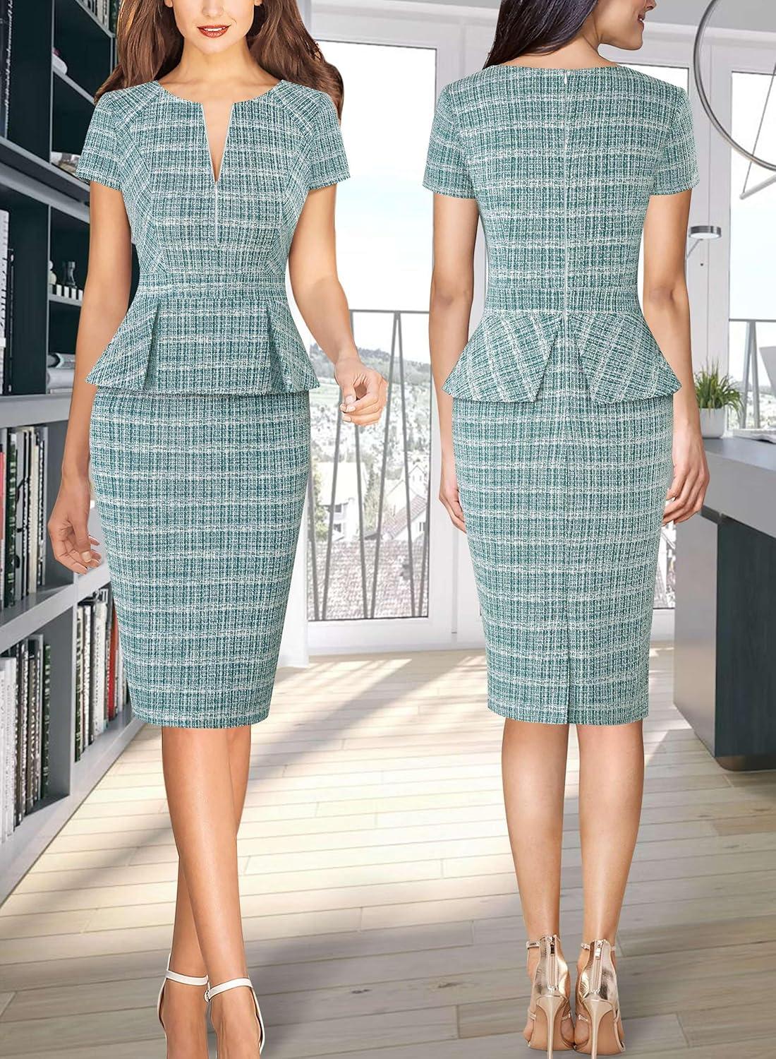 imageVFSHOW Womens Work Business Office Front Zipper Peplum Bodycon Dresses Elegant Short Sleeve Slim Church Pencil Sheath DressBteal Green Tweed