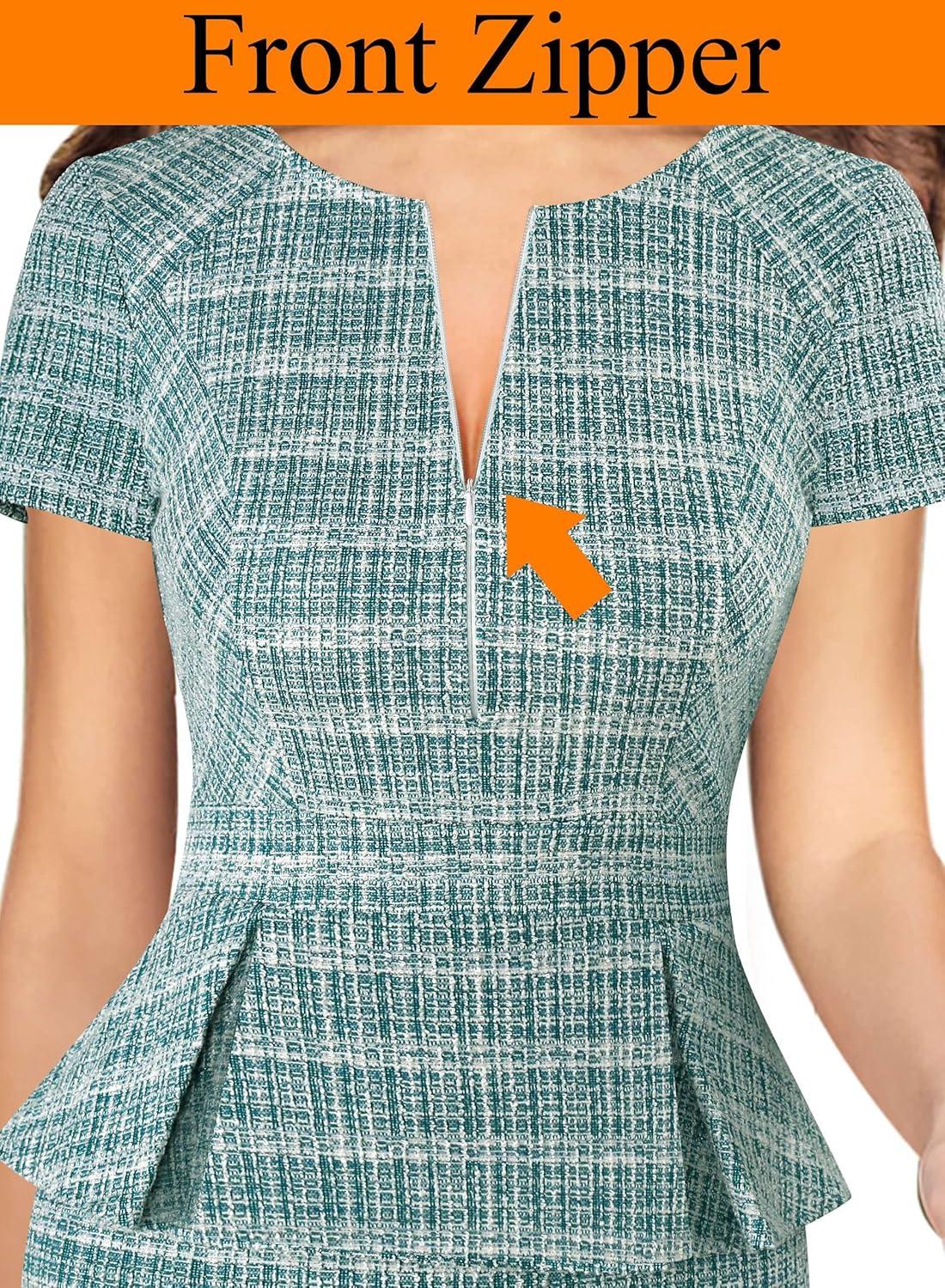 imageVFSHOW Womens Work Business Office Front Zipper Peplum Bodycon Dresses Elegant Short Sleeve Slim Church Pencil Sheath DressBteal Green Tweed