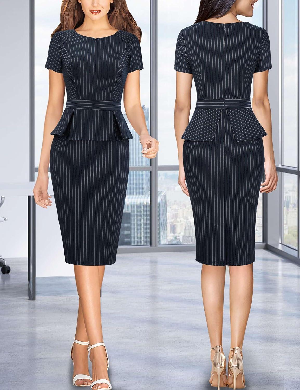 imageVFSHOW Womens Work Business Office Front Zipper Peplum Bodycon Dresses Elegant Short Sleeve Slim Church Pencil Sheath DressDark Navywhite Stripes