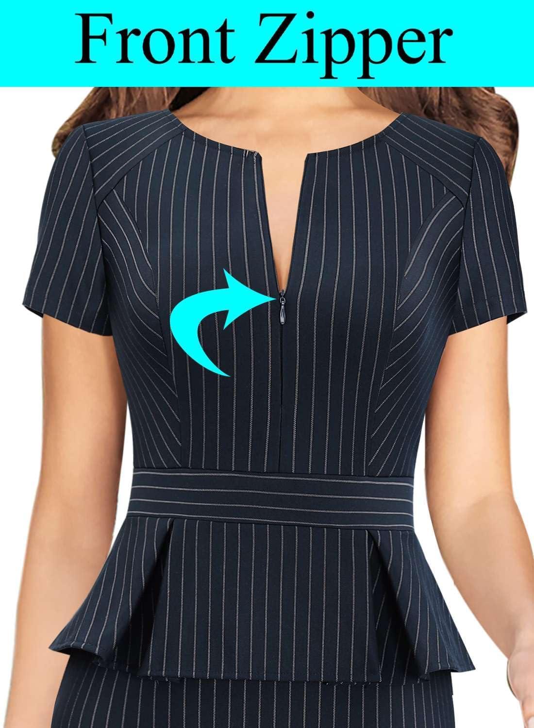 imageVFSHOW Womens Work Business Office Front Zipper Peplum Bodycon Dresses Elegant Short Sleeve Slim Church Pencil Sheath DressDark Navywhite Stripes
