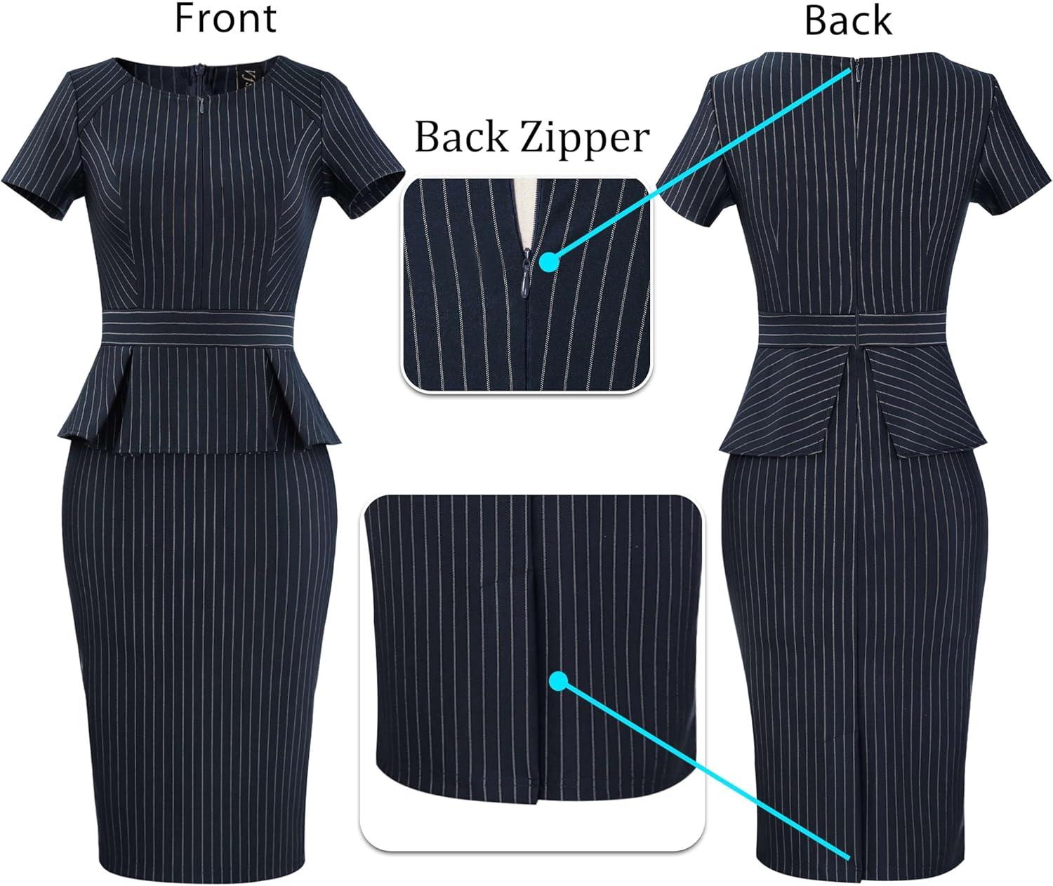 imageVFSHOW Womens Work Business Office Front Zipper Peplum Bodycon Dresses Elegant Short Sleeve Slim Church Pencil Sheath DressDark Navywhite Stripes