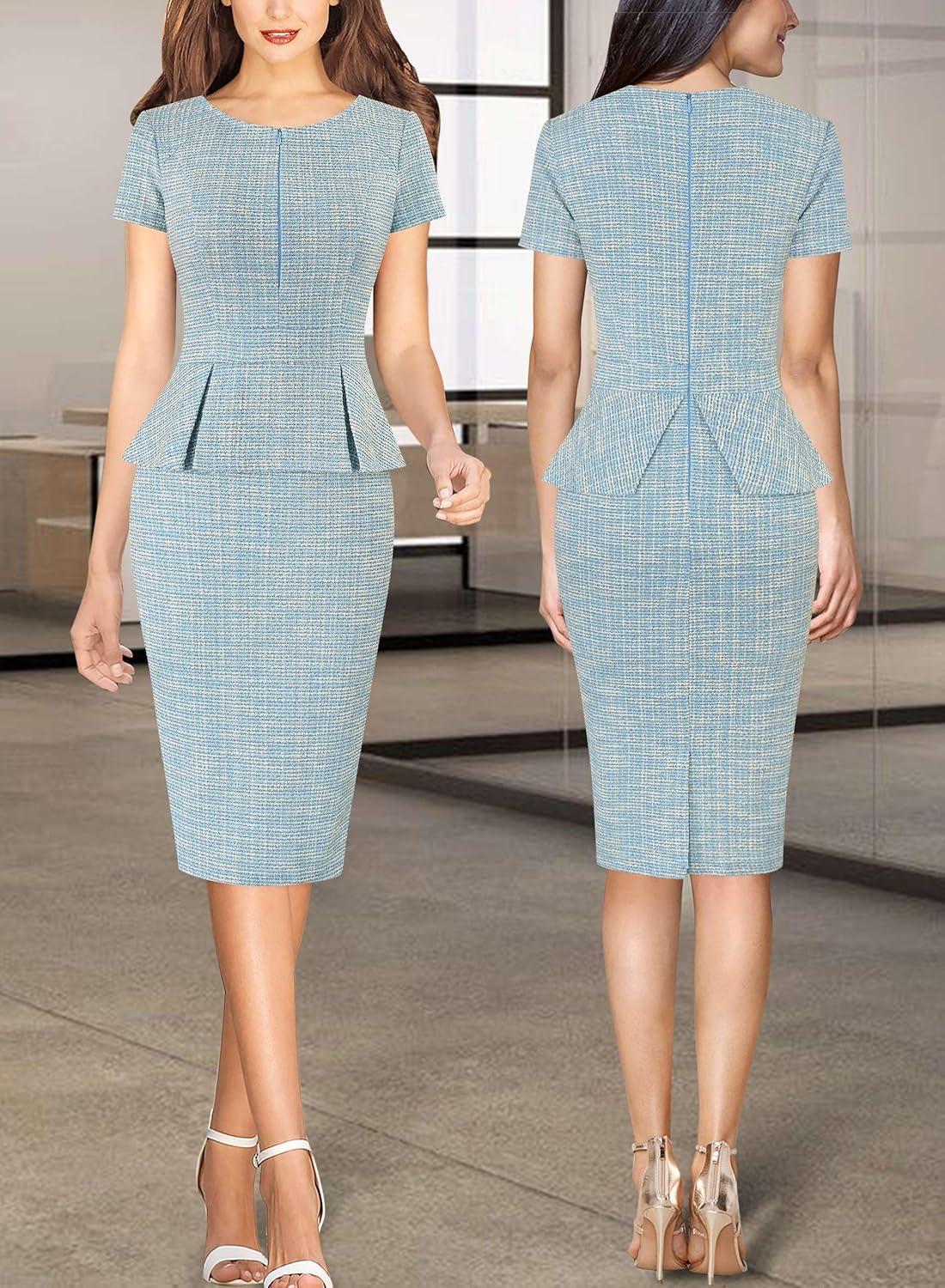 imageVFSHOW Womens Work Business Office Front Zipper Peplum Bodycon Dresses Elegant Short Sleeve Slim Church Pencil Sheath DressLight Blue Tweedb