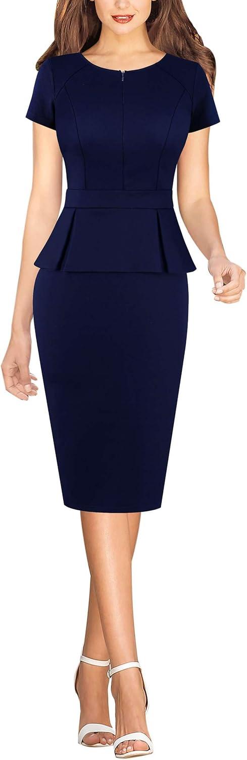 imageVFSHOW Womens Work Business Office Front Zipper Peplum Bodycon Dresses Elegant Short Sleeve Slim Church Pencil Sheath DressNavy Blue