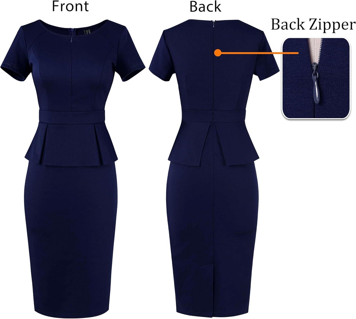 imageVFSHOW Womens Work Business Office Front Zipper Peplum Bodycon Dresses Elegant Short Sleeve Slim Church Pencil Sheath DressNavy Blue
