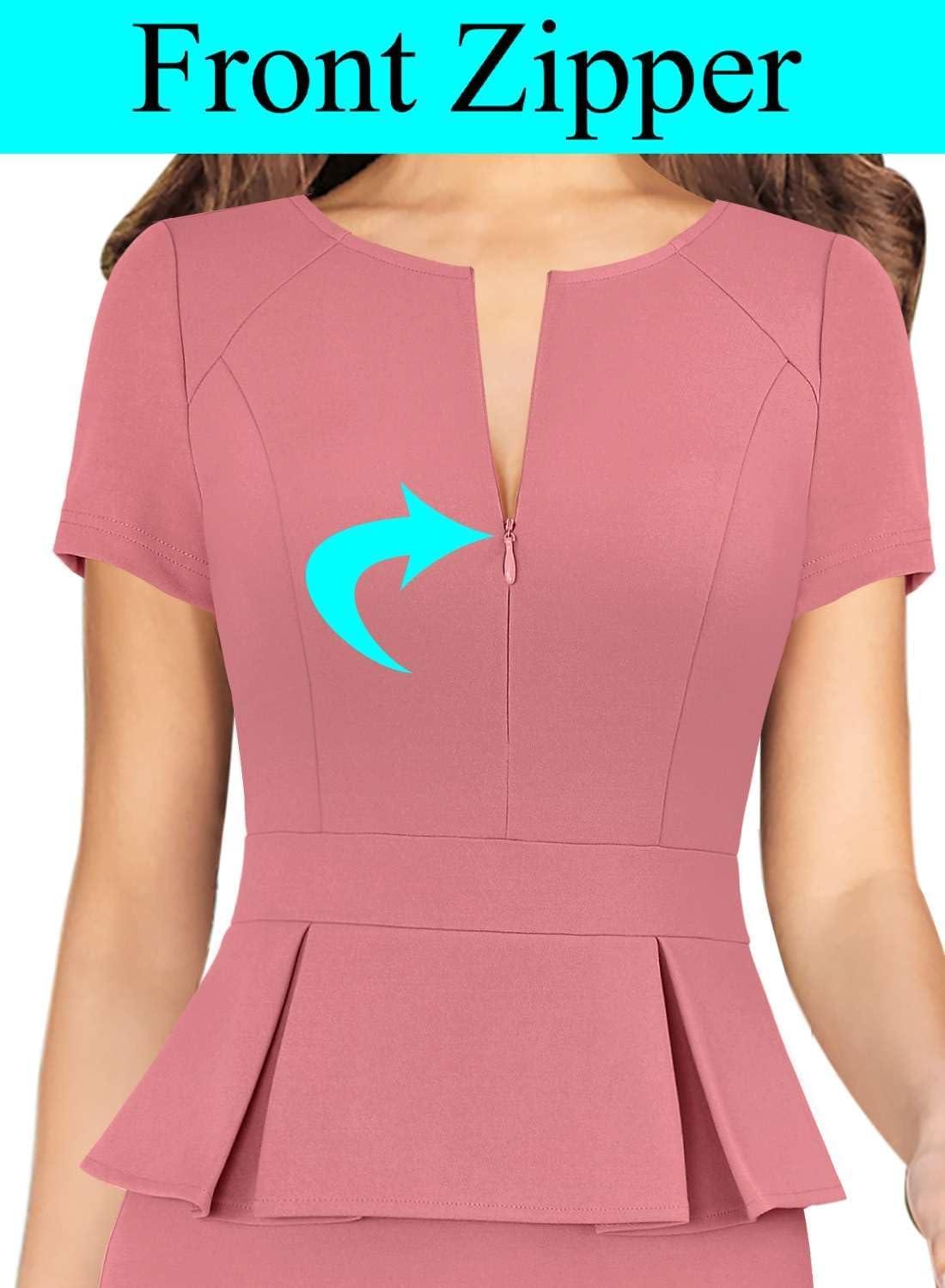 imageVFSHOW Womens Work Business Office Front Zipper Peplum Bodycon Dresses Elegant Short Sleeve Slim Church Pencil Sheath DressPink