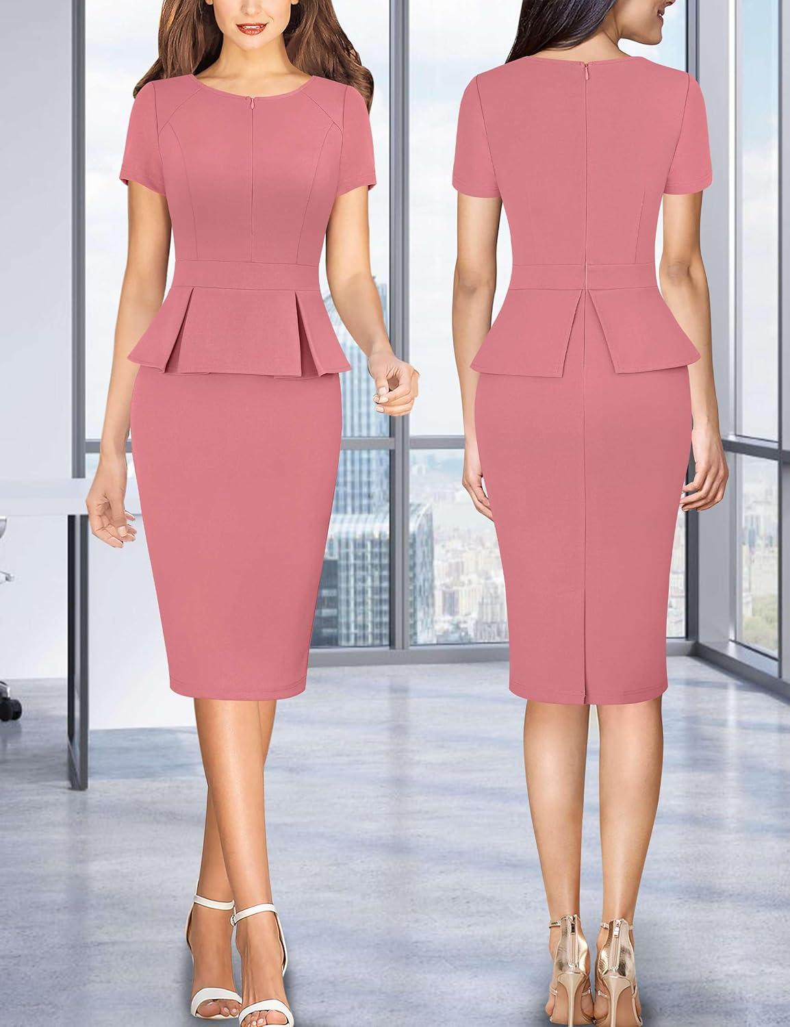 imageVFSHOW Womens Work Business Office Front Zipper Peplum Bodycon Dresses Elegant Short Sleeve Slim Church Pencil Sheath DressPink