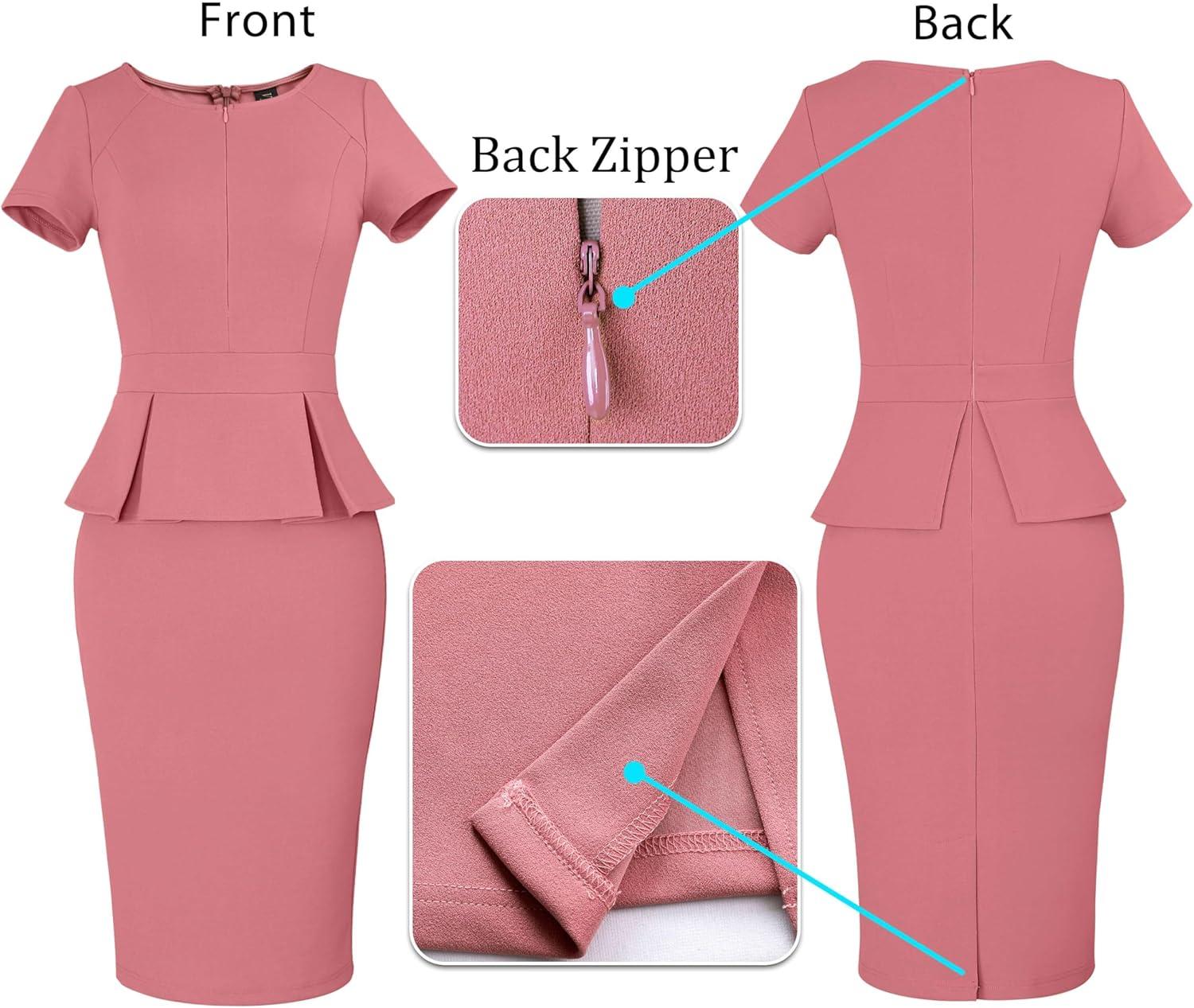 imageVFSHOW Womens Work Business Office Front Zipper Peplum Bodycon Dresses Elegant Short Sleeve Slim Church Pencil Sheath DressPink