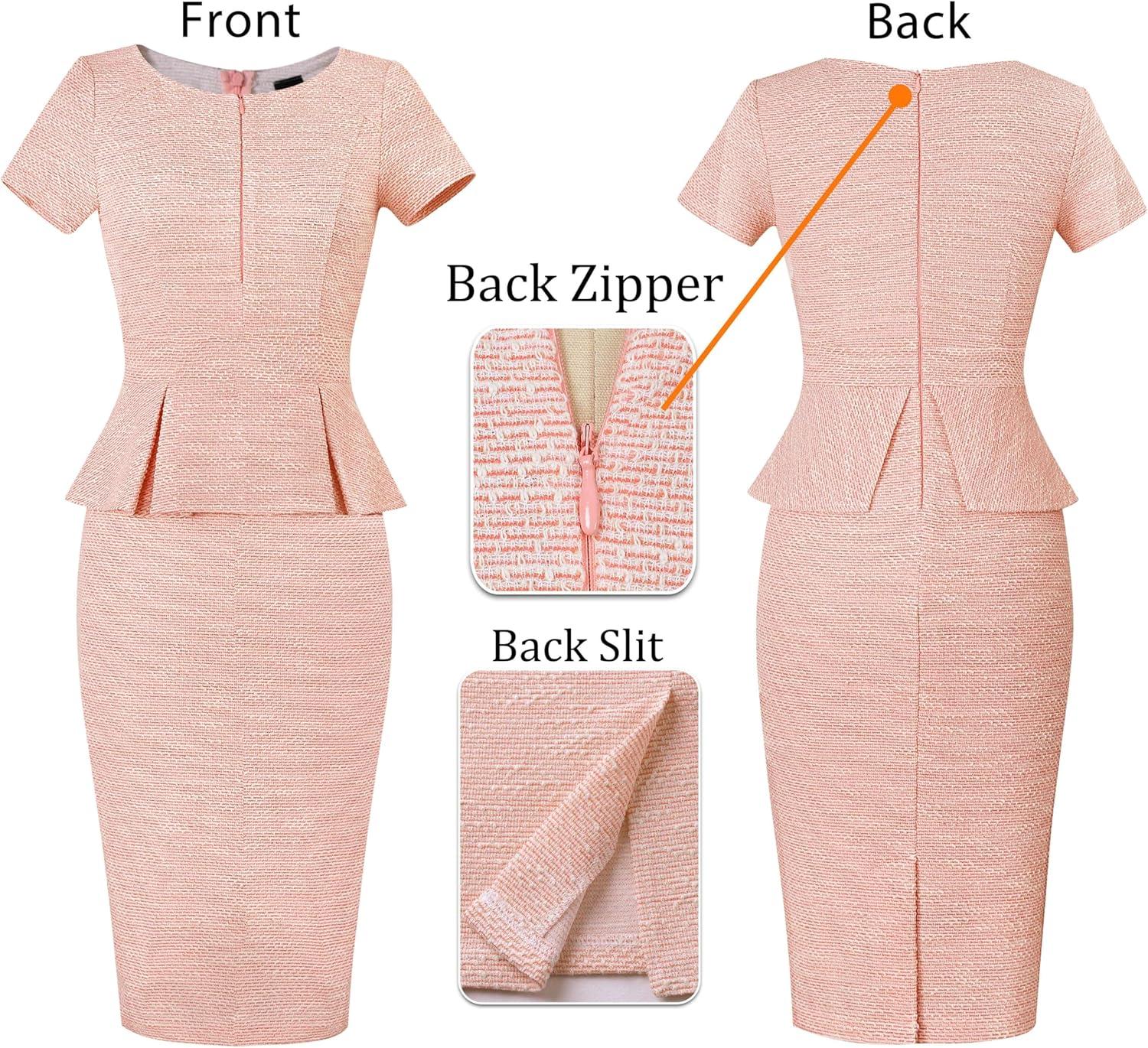 imageVFSHOW Womens Work Business Office Front Zipper Peplum Bodycon Dresses Elegant Short Sleeve Slim Church Pencil Sheath DressPink Tweed
