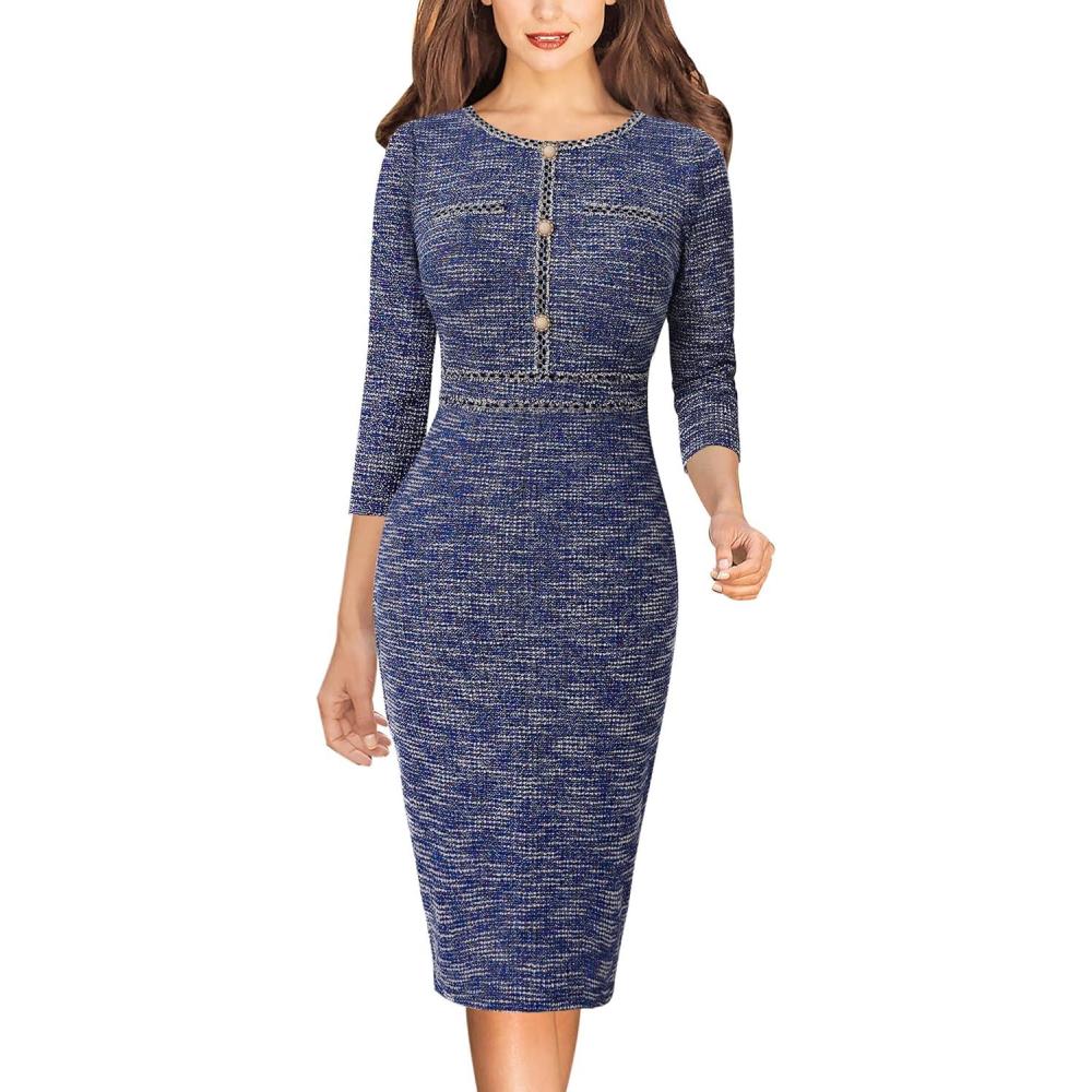 imageVFSHOW Womens Button Crew Neck Wear to Work Office Business Casual Church Party Slimming Fitted Bodycon Pencil Sheath DressBlue Tweed