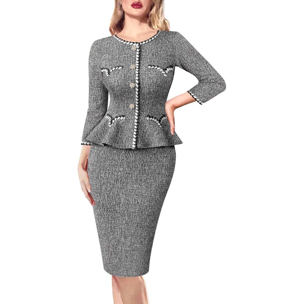 imageVFSHOW Womens Buttons Peplum Work Business Office Professional Patchwork Pencil Sheath DressBlack Tweed