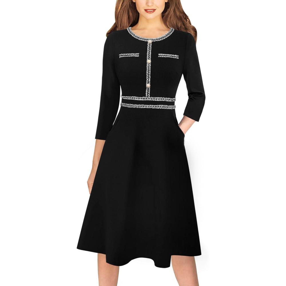 imageVFSHOW Womens Buttons Pockets Office Business ALine Dresses 34 Sleeves Work Crew Neck Tweed Trim Fit and Flare Swing DressBlack