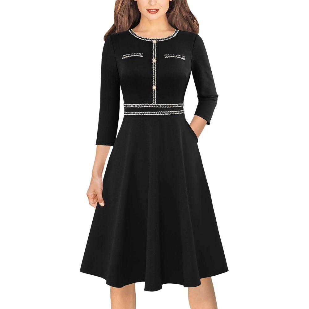 imageVFSHOW Womens Buttons Pockets Office Business ALine Dresses 34 Sleeves Work Crew Neck Tweed Trim Fit and Flare Swing DressBlackb