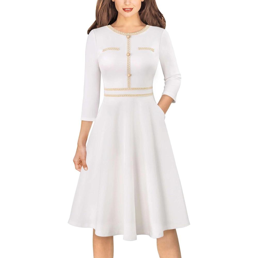 imageVFSHOW Womens Buttons Pockets Office Business ALine Dresses 34 Sleeves Work Crew Neck Tweed Trim Fit and Flare Swing DressOffwhite