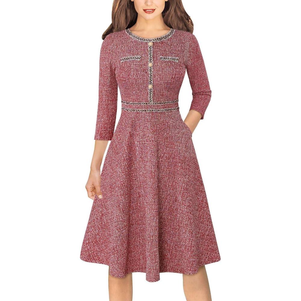 imageVFSHOW Womens Buttons Pockets Office Business ALine Dresses 34 Sleeves Work Crew Neck Tweed Trim Fit and Flare Swing DressRed Tweed