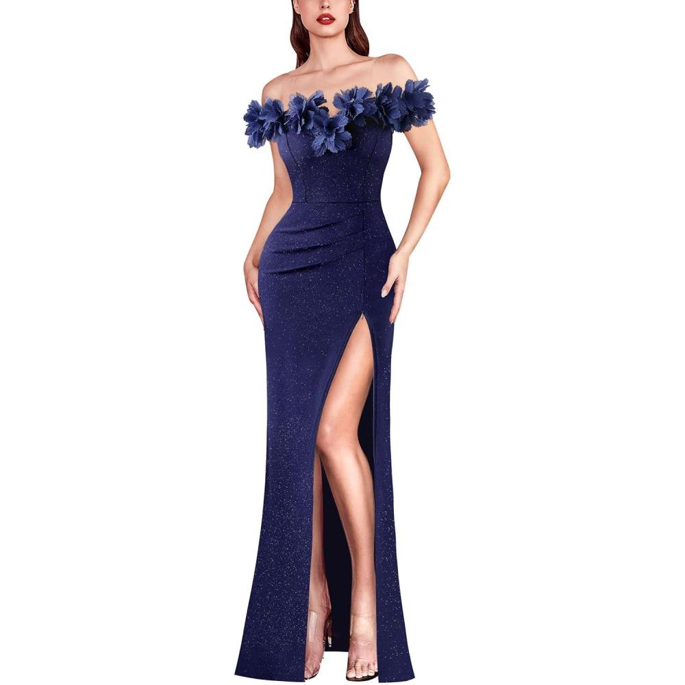 imageVFSHOW Womens Formal Prom Off Shoulder 3D Flowers Ruched Wedding Guest Maxi Dress 2025 Sexy High Slit Cocktail Evening GownSparkly Navy Blue