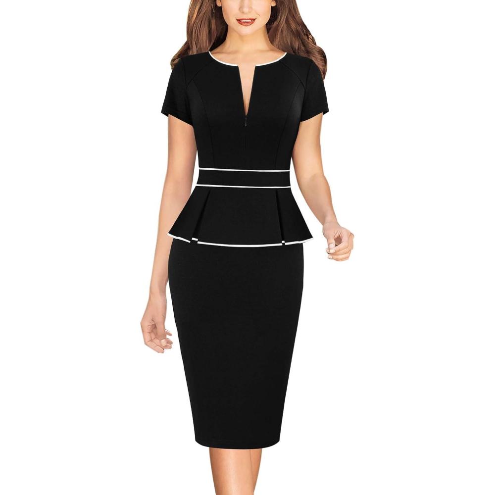 imageVFSHOW Womens Work Business Office Front Zipper Peplum Bodycon Dresses Elegant Short Sleeve Slim Church Pencil Sheath DressBlackwhite Piping