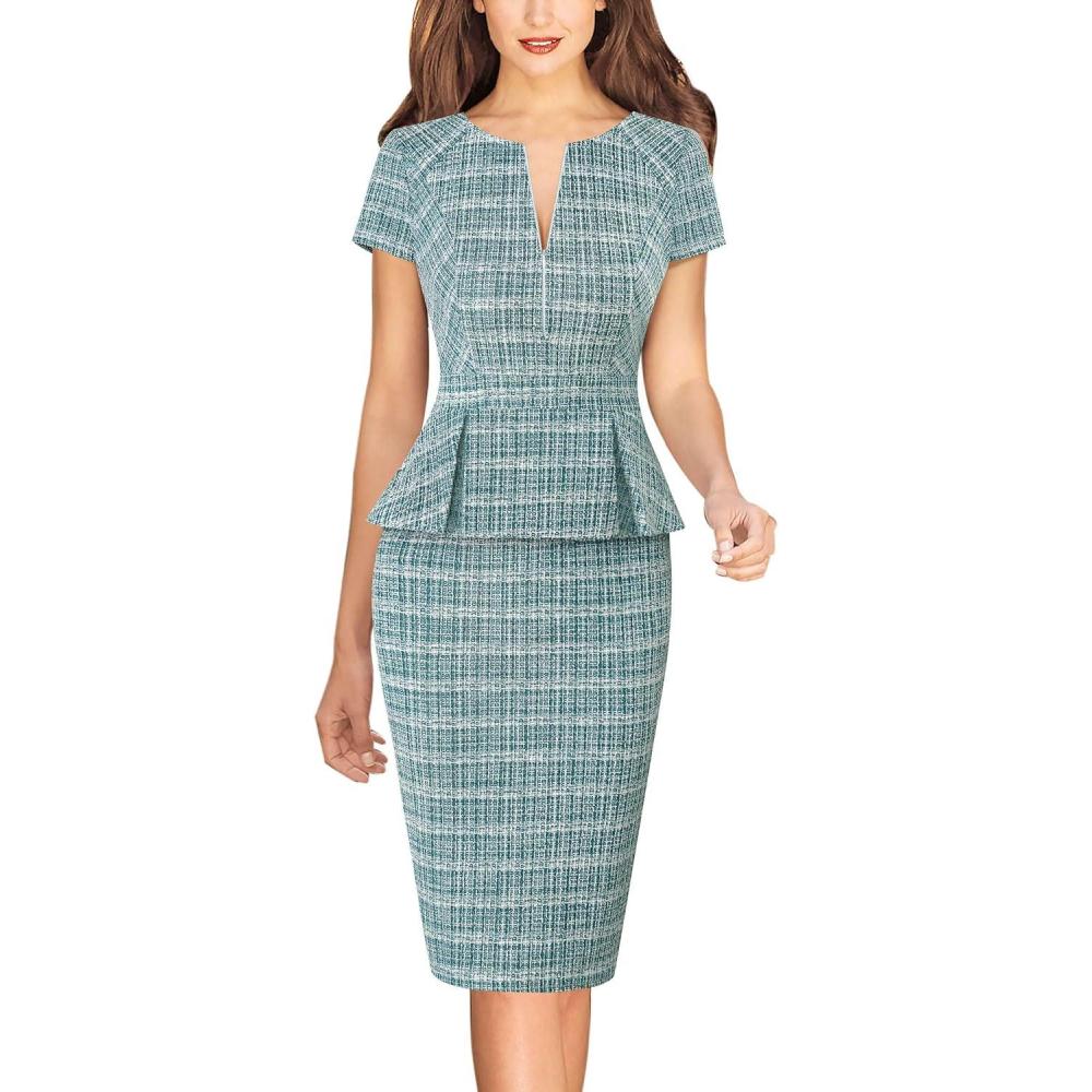 imageVFSHOW Womens Work Business Office Front Zipper Peplum Bodycon Dresses Elegant Short Sleeve Slim Church Pencil Sheath DressBteal Green Tweed