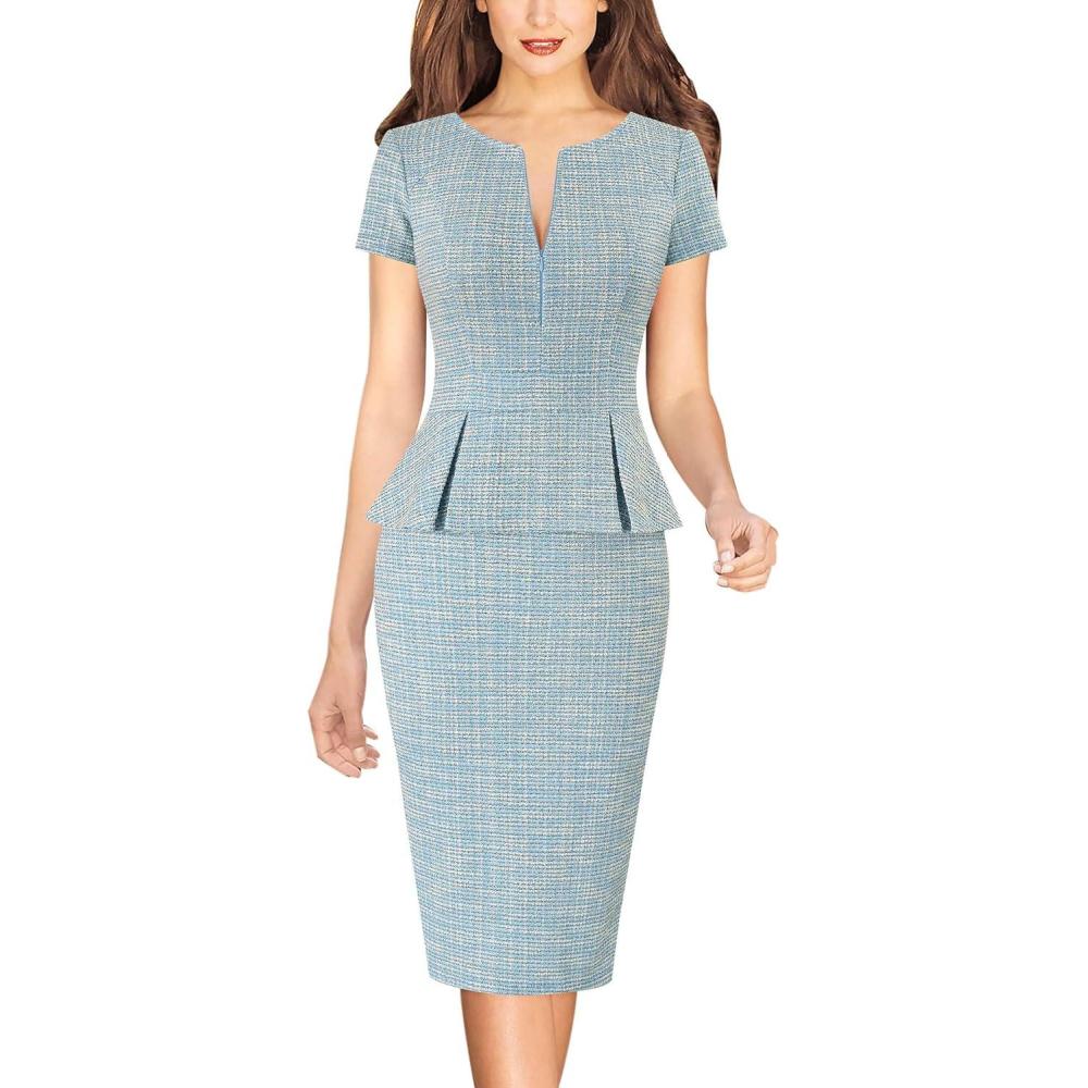 imageVFSHOW Womens Work Business Office Front Zipper Peplum Bodycon Dresses Elegant Short Sleeve Slim Church Pencil Sheath DressLight Blue Tweedb